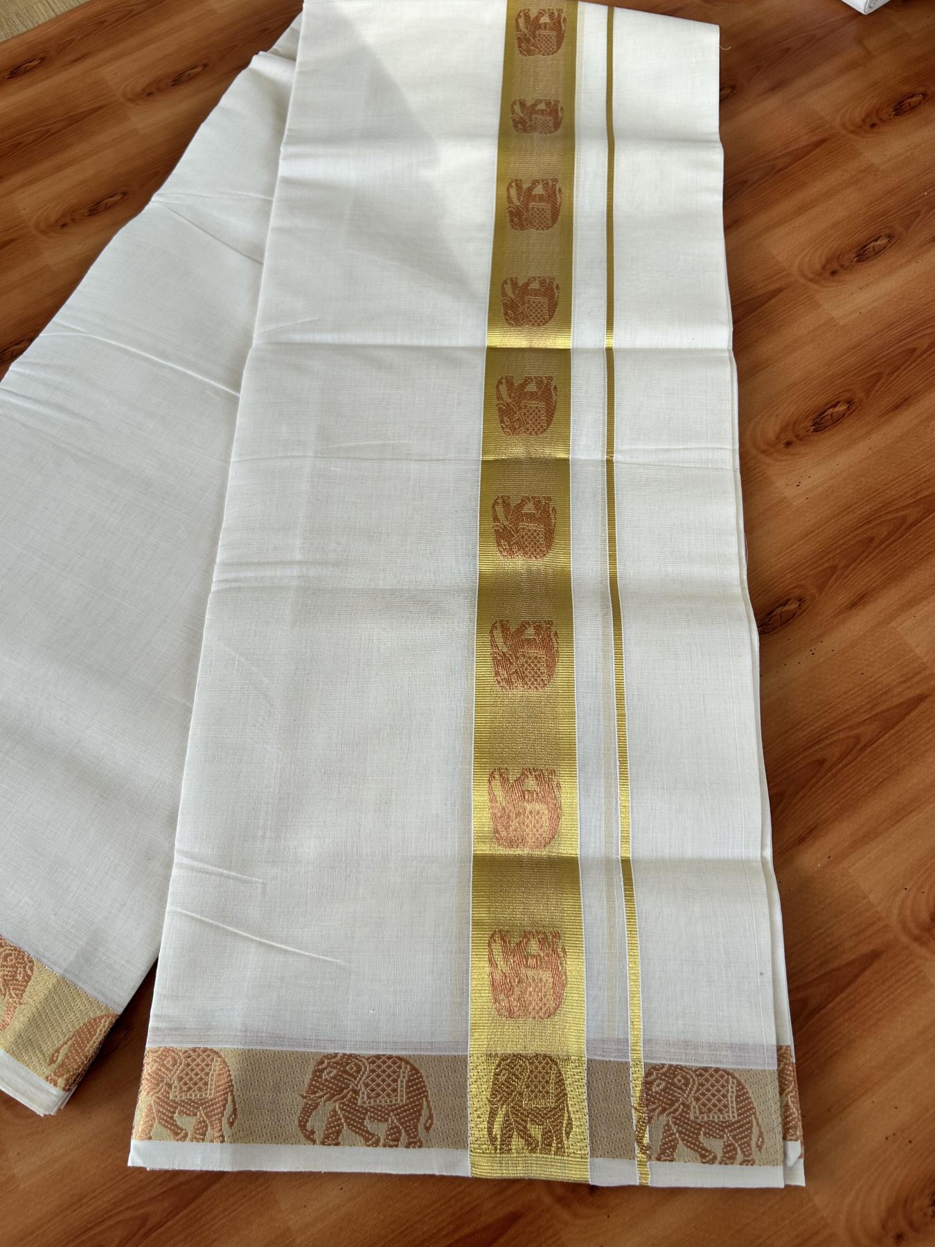 25% Discount ! Kaitharikada Handloom Unakkupaav - Kerala Handloom - 100% Pure Cotton Off White - (Unbleached) Double Mundu/Dhoti - 100x80 - 1.75 inch Copper & Gold Kasav Elephant Jacquard Design Kara 4 mtr (8.5 Muzham) - 9 KK5441 ABH
