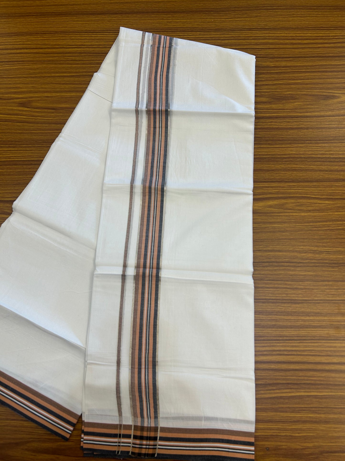 20% Discount ! Kaitharikada Balaramapuram 100% Cotton Pure White Double Mundu/Dothi - 100x80 - 1.5 inch Silver Kasav Light Orange & Black Shaded Striped Kara 3.80 mtr (8 muzham) - 3 KK5359 THI