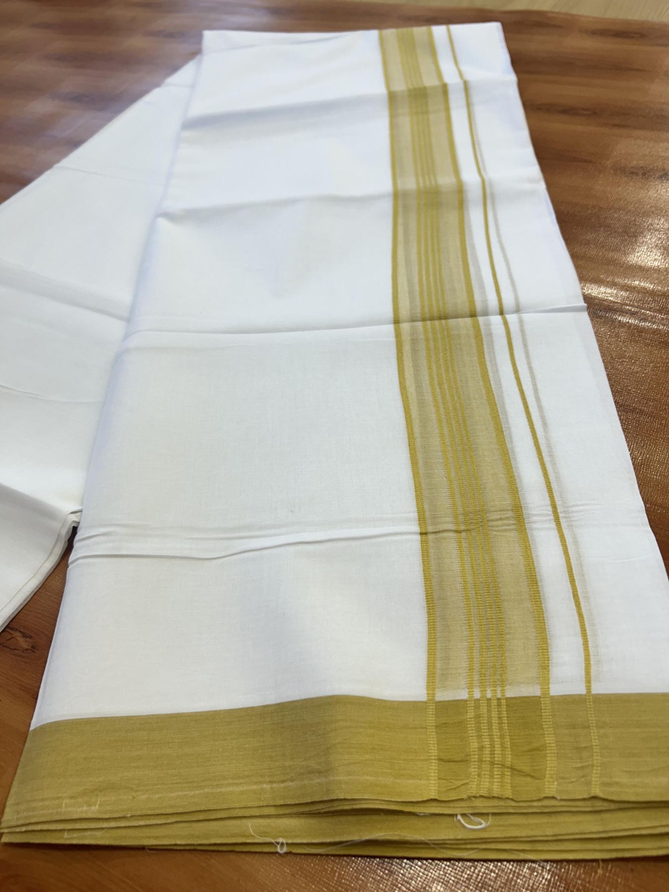 20% Discount ! KaithariKada Balaramapuram - 100% Pure Cotton Pure white Double Mundu/Dhothi 100x80 - 1.5 inch Mustard Yellow striped Kara  4.5 Meters (10 Muzham) - 20 KK5391 THI