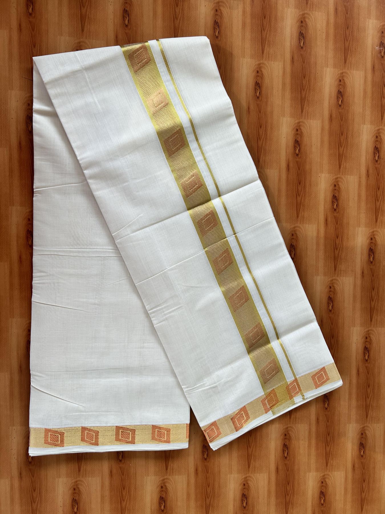 25% Discount ! Kaitharikada Handloom Unakkupaav - Kerala Handloom - 100% Pure Cotton Off White - (Unbleached) Double Mundu/Dhoti - 100x80 - 1.75 inch Copper & Gold Kasav Jacquard Design Kara 4 mtr (8.5 Muzham) - 8 KK5441 ABH