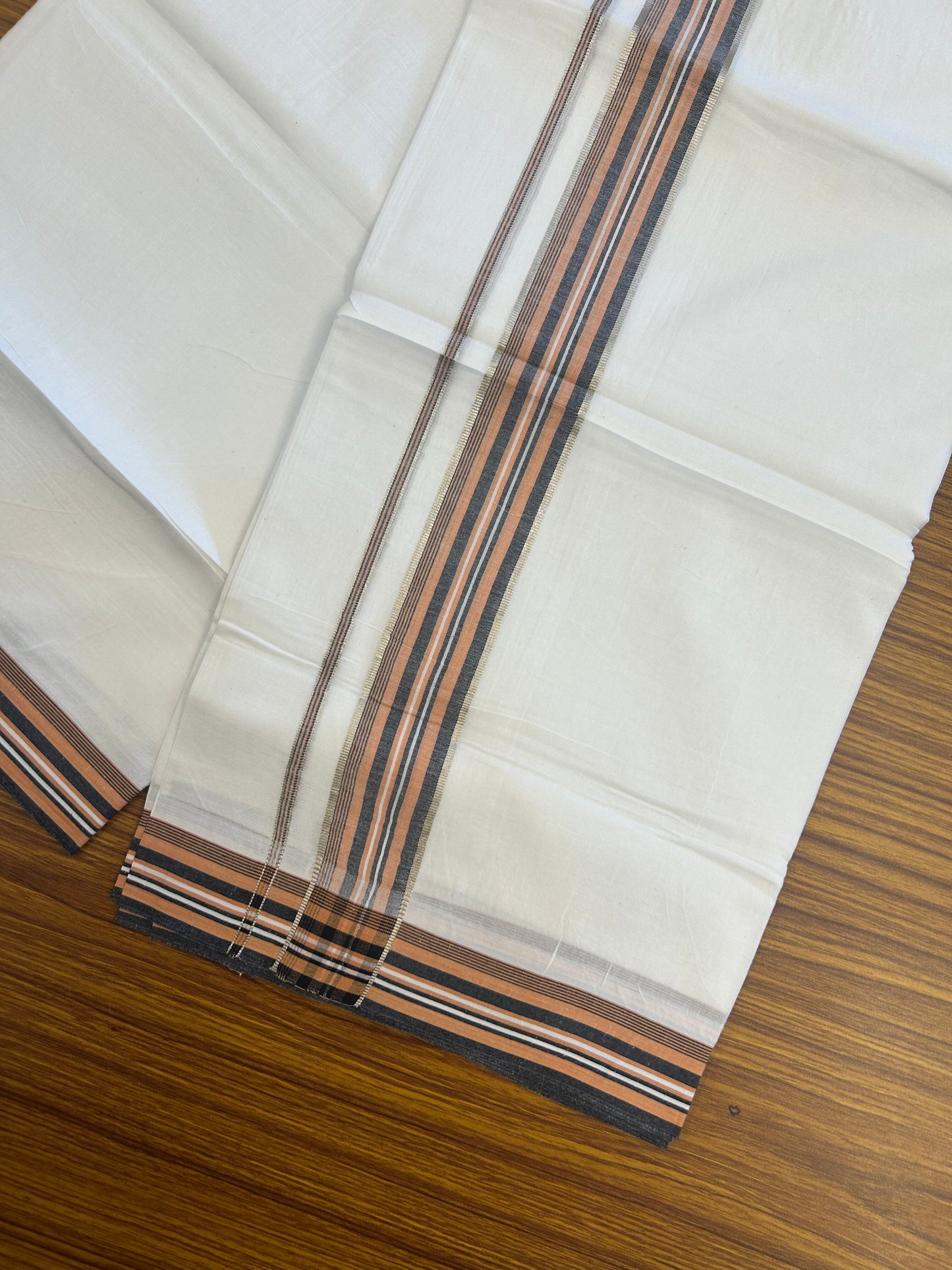 20% Discount ! Kaitharikada Balaramapuram 100% Cotton Pure White Double Mundu/Dothi - 100x80 - 1.5 inch Silver Kasav Light Orange & Black Shaded Striped Kara 3.80 mtr (8 muzham) - 3 KK5359 THI