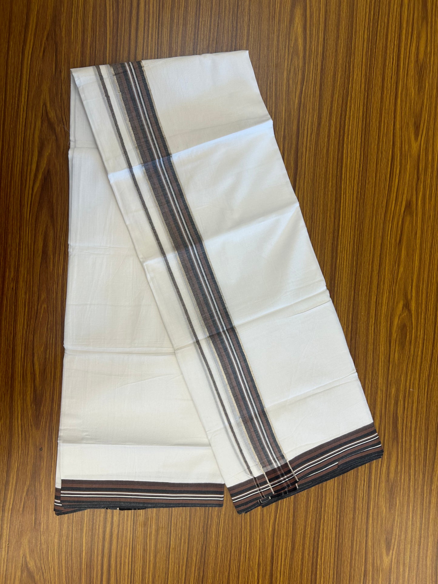 20% Discount ! Kaitharikada Balaramapuram 100% Cotton Pure White Double Mundu/Dothi - 100x80 - 1.5 inch Silver Kasav Chestnut Brown & Black Shaded Striped Kara 3.80 mtr (8 muzham) - 2 KK5359 THI