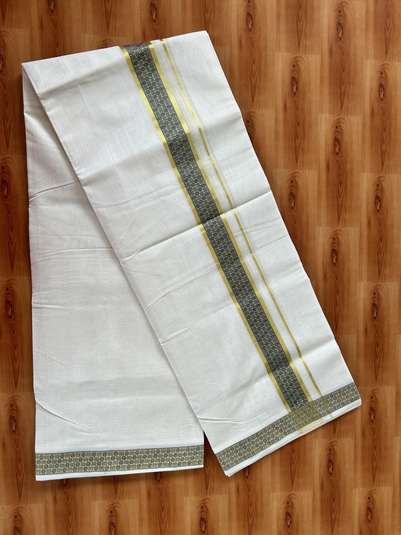 25% Discount ! Kaitharikada Handloom Unakkupaav - Kerala Handloom - 100% Pure Cotton Off White - (Unbleached) Double Mundu/Dhoti - 100x80 - 1.75 inch Gold Kasav & Green Jacquard Design Kara 4 mtr (8.5 Muzham) - 14 KK5441 ABH