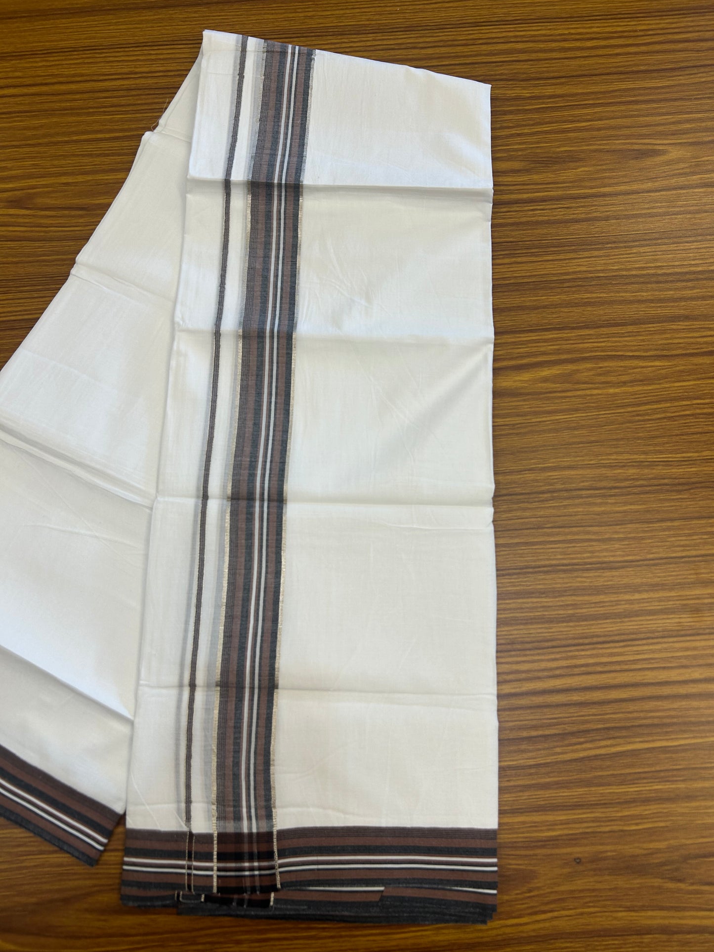 20% Discount ! Kaitharikada Balaramapuram 100% Cotton Pure White Double Mundu/Dothi - 100x80 - 1.5 inch Silver Kasav Chestnut Brown & Black Shaded Striped Kara 3.80 mtr (8 muzham) - 2 KK5359 THI