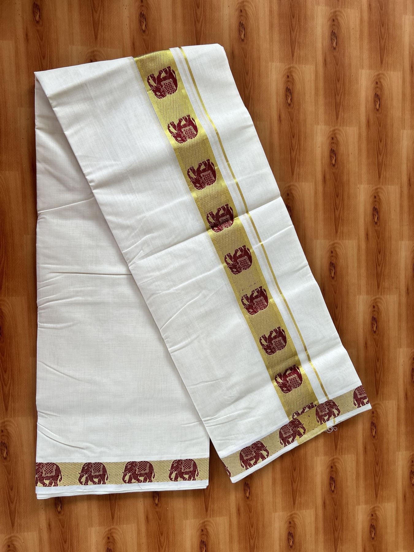 25% Discount ! Kaitharikada Handloom Unakkupaav - Kerala Handloom - 100% Pure Cotton Off White - (Unbleached) Double Mundu/Dhoti - 100x80 - 2 inch Gold Kasav & Brown Elephant Jacquard Design Kara 4 mtr (8.5 Muzham) - 6 KK5441 ABH