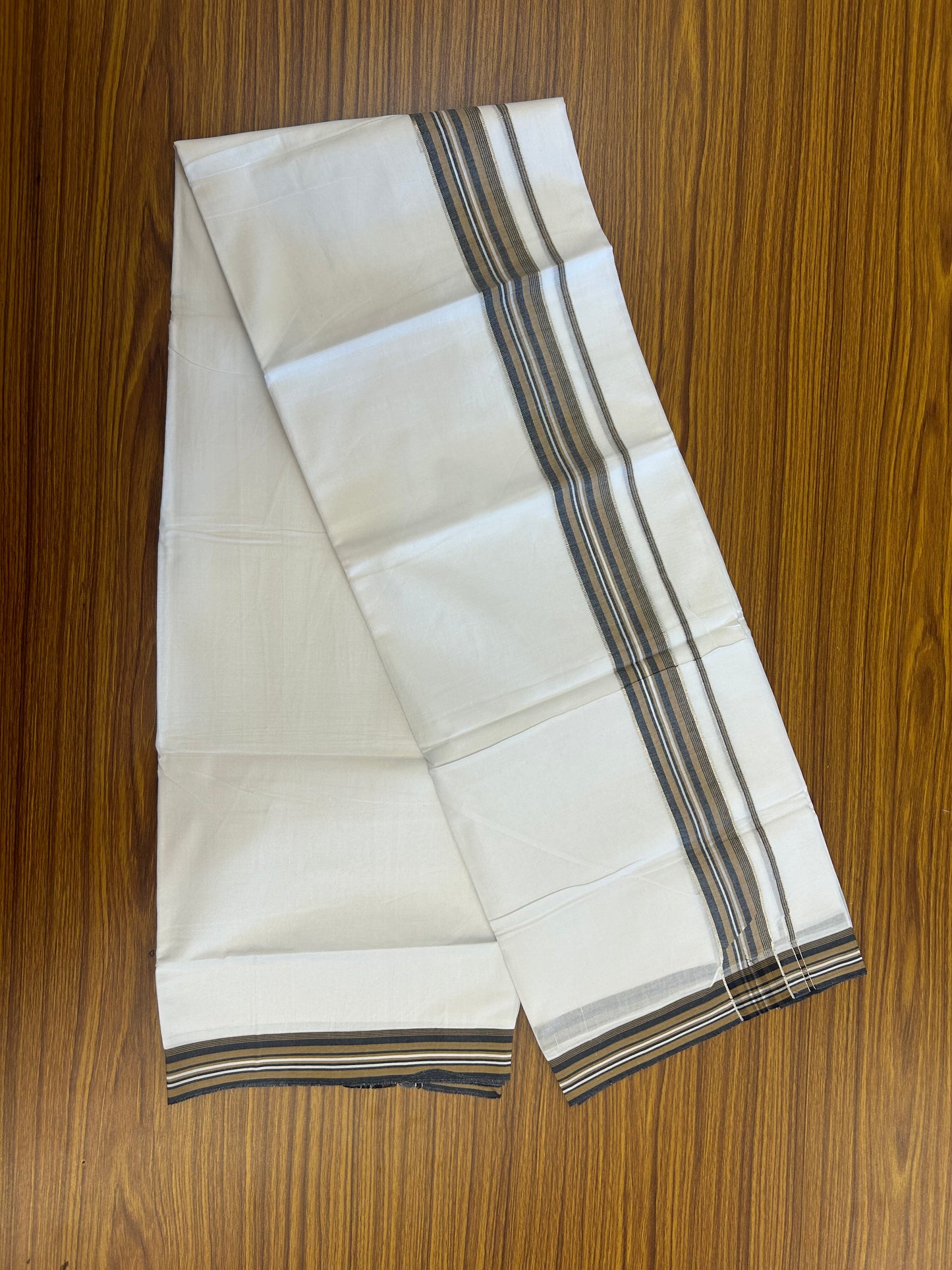 20% Discount ! Kaitharikada Balaramapuram 100% Cotton Pure White Double Mundu/Dothi - 100x80 - 1.5 inch Silver Kasav Caramel Brown & Black Shaded Striped Kara 3.80 mtr (8 muzham) - 6 KK5359 THI