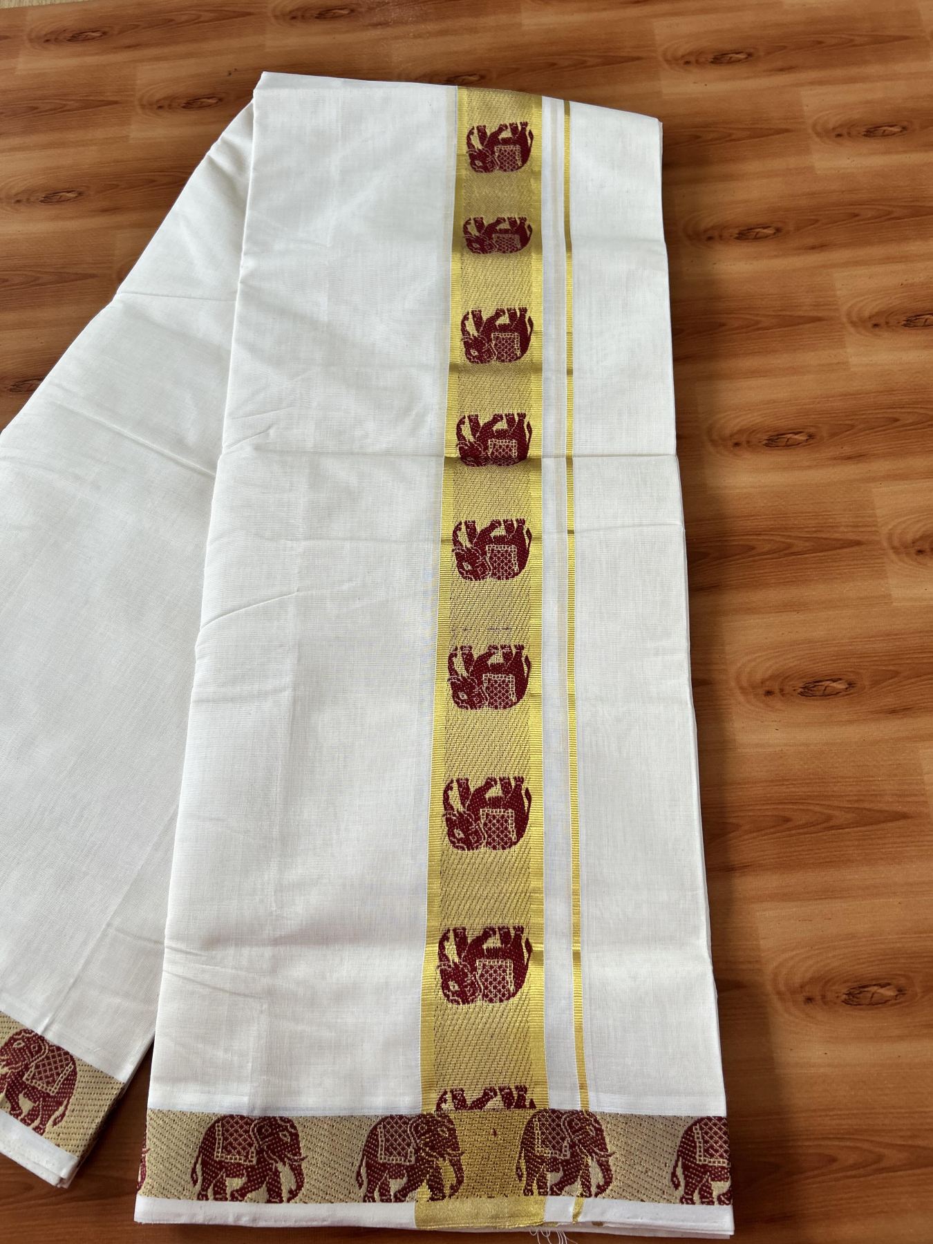 25% Discount ! Kaitharikada Handloom Unakkupaav - Kerala Handloom - 100% Pure Cotton Off White - (Unbleached) Double Mundu/Dhoti - 100x80 - 2 inch Gold Kasav & Brown Elephant Jacquard Design Kara 4 mtr (8.5 Muzham) - 6 KK5441 ABH