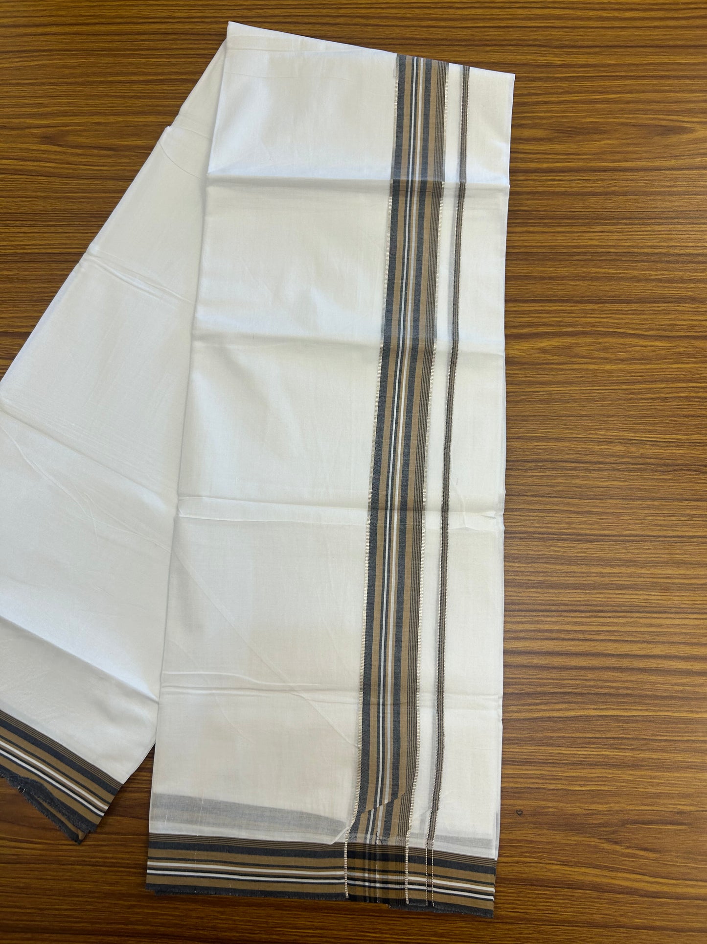 20% Discount ! Kaitharikada Balaramapuram 100% Cotton Pure White Double Mundu/Dothi - 100x80 - 1.5 inch Silver Kasav Caramel Brown & Black Shaded Striped Kara 3.80 mtr (8 muzham) - 6 KK5359 THI