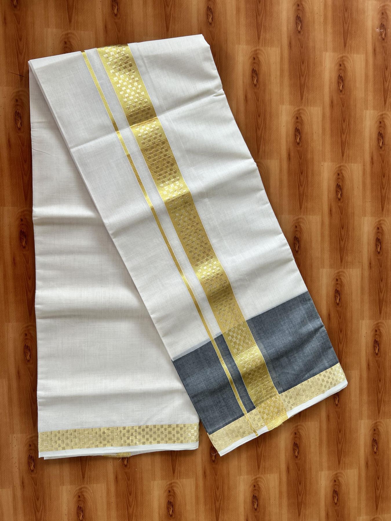 Double Mundu/Dhoti - Off White (Unbleached) - KaithariKada Handloom Unakkupaav - 25% Discount! Kerala Handloom - Pure Cotton - 100x80 - 1.75 inch Gold Kasav Designer Kara with Ash Black One side Big Border - 5 KK5441 ABH
