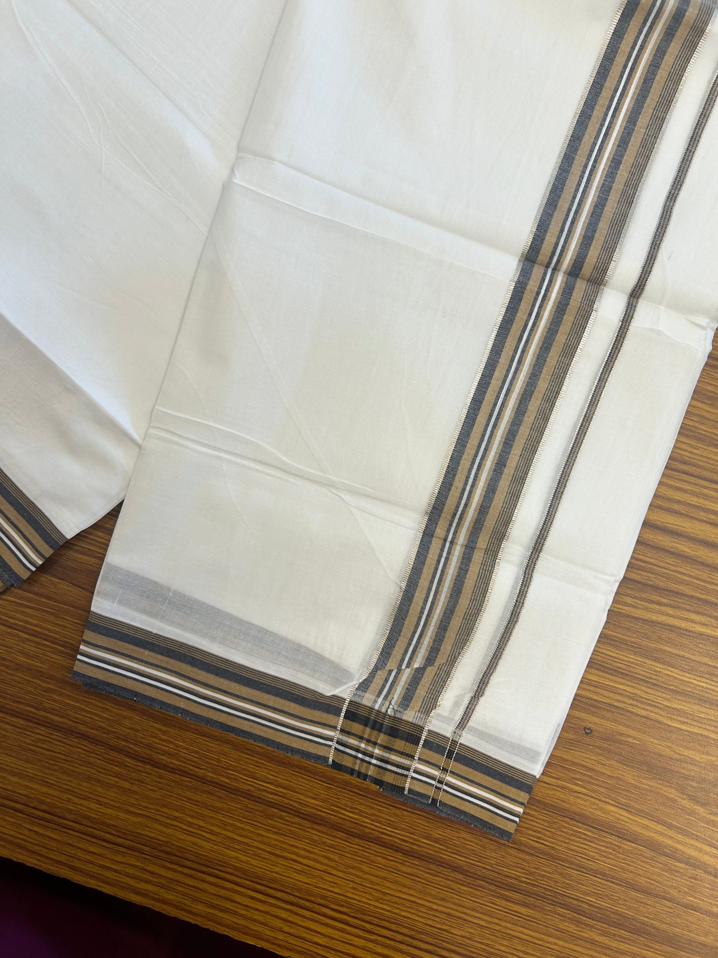 20% Discount ! Kaitharikada Balaramapuram 100% Cotton Pure White Double Mundu/Dothi - 100x80 - 1.5 inch Silver Kasav Caramel Brown & Black Shaded Striped Kara 3.80 mtr (8 muzham) - 6 KK5359 THI