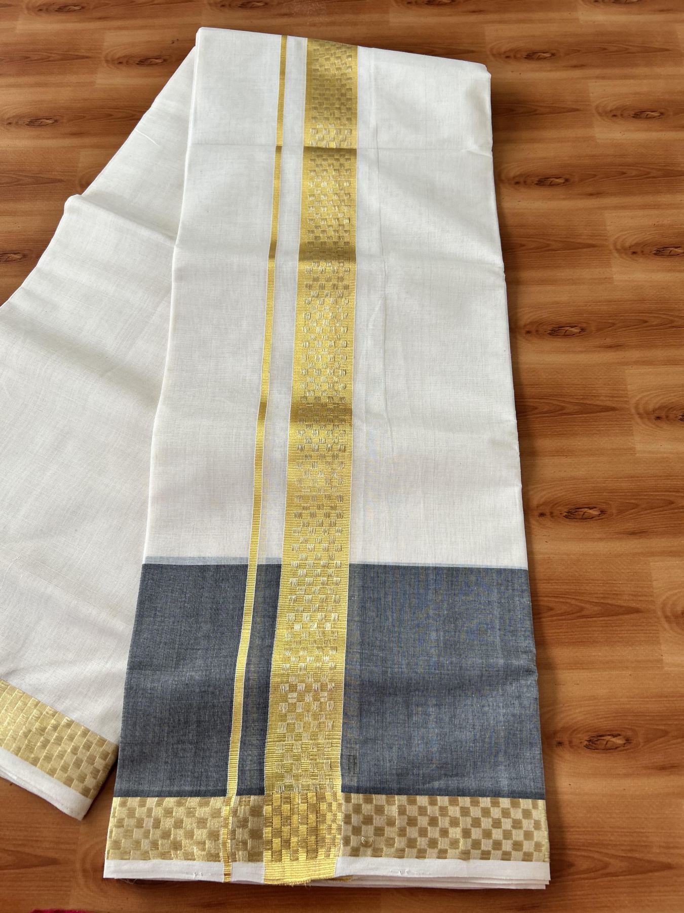 Double Mundu/Dhoti - Off White (Unbleached) - KaithariKada Handloom Unakkupaav - 25% Discount! Kerala Handloom - Pure Cotton - 100x80 - 1.75 inch Gold Kasav Designer Kara with Ash Black One side Big Border - 5 KK5441 ABH
