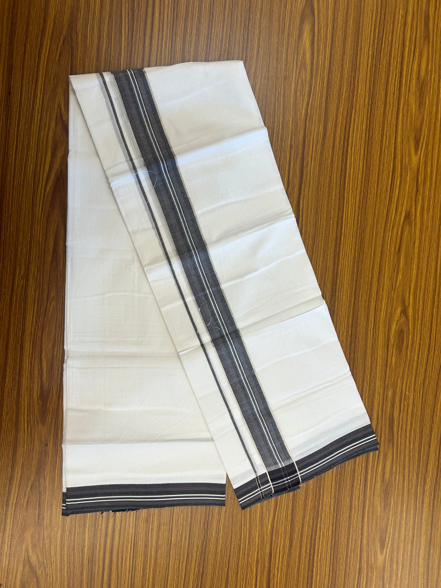 20% Discount ! Kaitharikada Balaramapuram 100% Cotton Pure White Double Mundu/Dothi - 100x80 - 1.5 inch Silver Kasav Ash Lavendar  & Black Shaded Striped Kara 3.80 mtr (8 muzham) - 4 KK5359 THI
