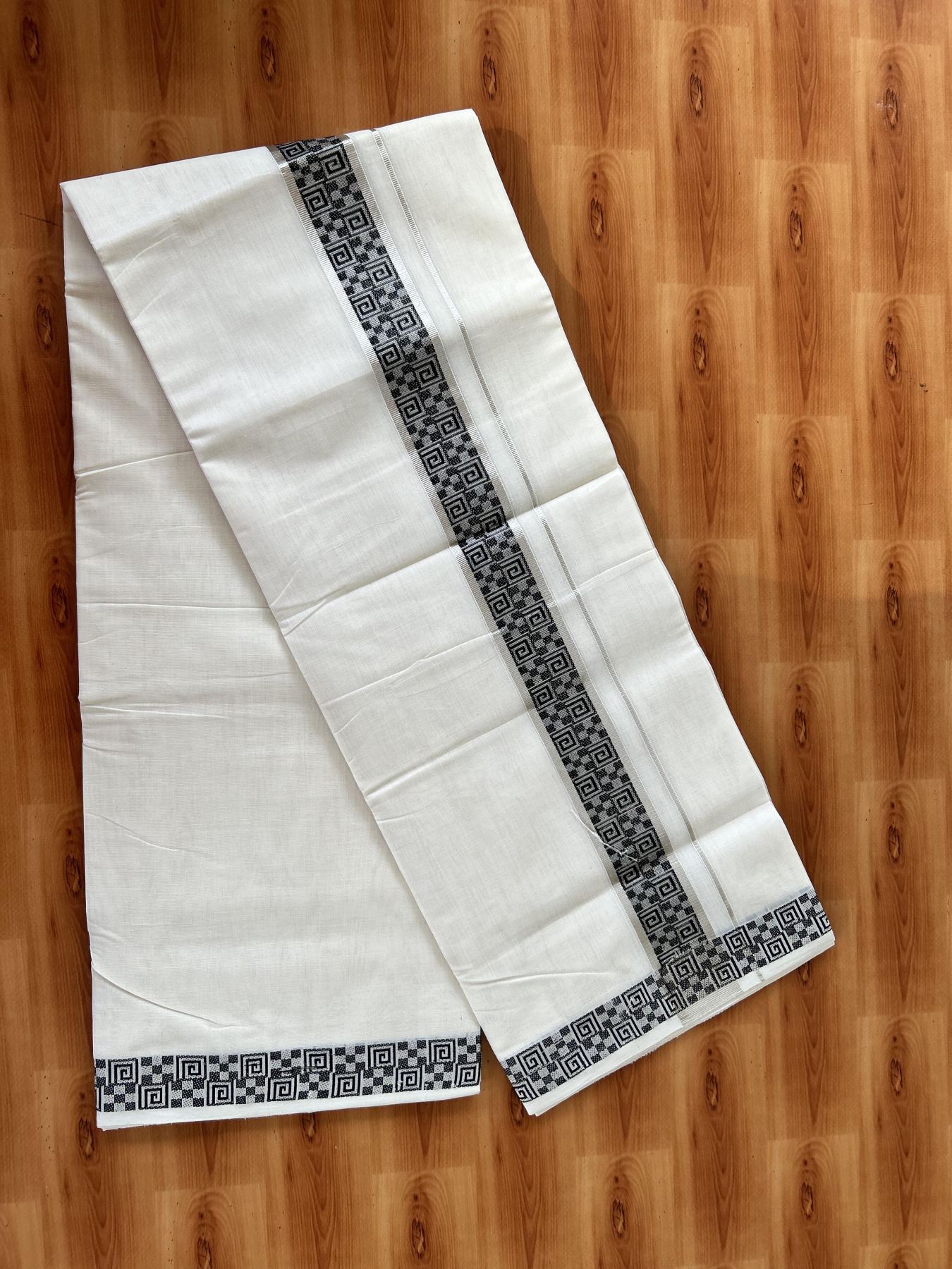 25% Discount ! Kaitharikada Handloom Unakkupaav - Kerala Handloom - 100% Pure Cotton Off White - (Unbleached) Double Mundu/Dhoti - 100x80 - 2 inch Silver Kasav & Black Jacquard Design Kara 4 mtr (8.5 Muzham) - 15 KK5441 ABH