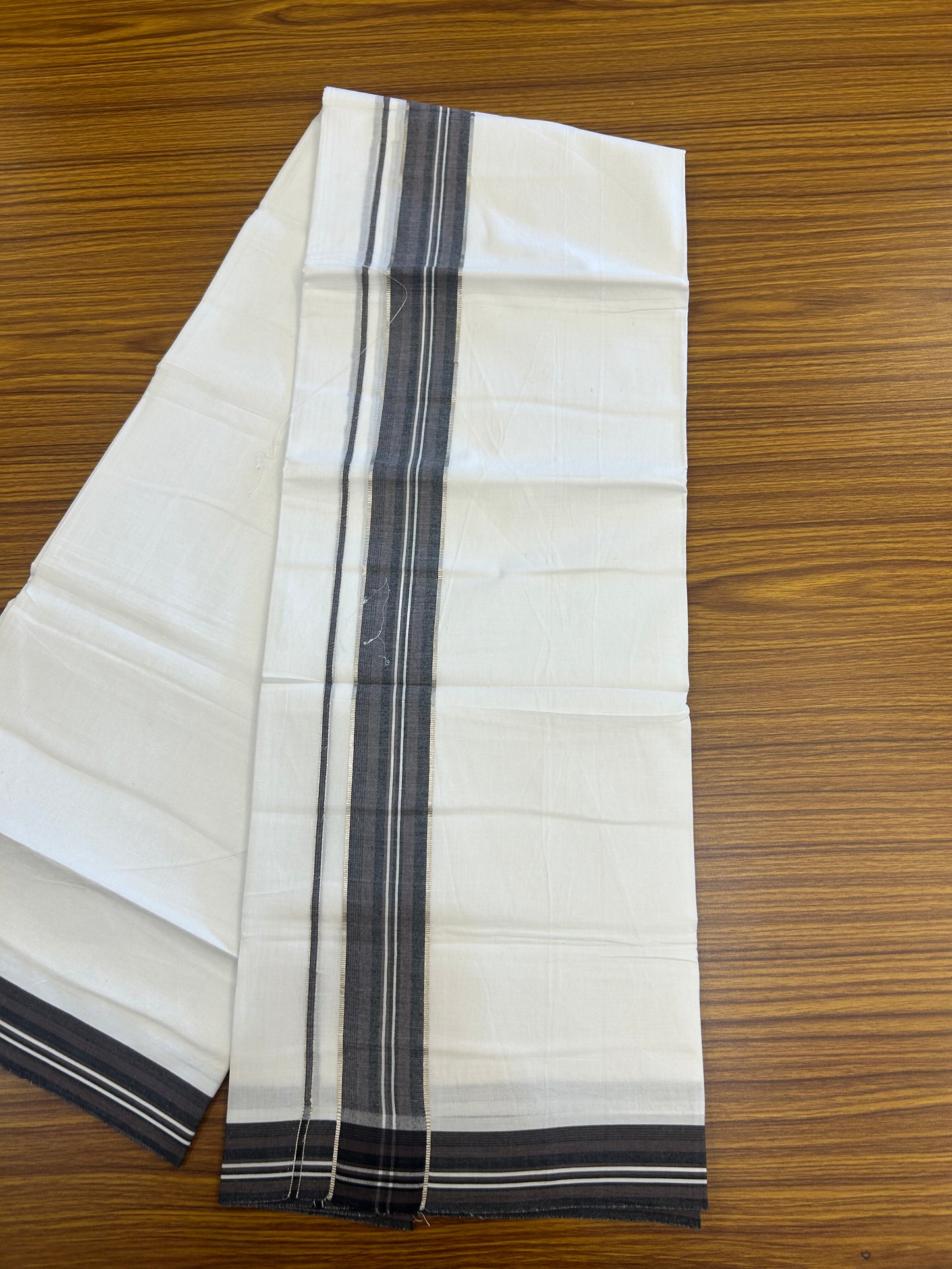 20% Discount ! Kaitharikada Balaramapuram 100% Cotton Pure White Double Mundu/Dothi - 100x80 - 1.5 inch Silver Kasav Ash Lavendar  & Black Shaded Striped Kara 3.80 mtr (8 muzham) - 4 KK5359 THI