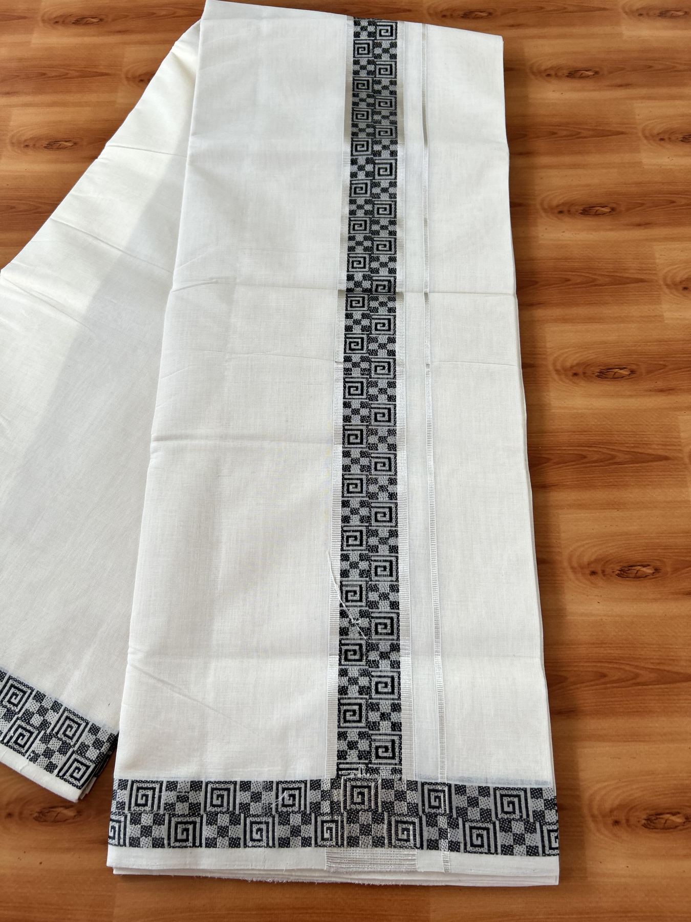 25% Discount ! Kaitharikada Handloom Unakkupaav - Kerala Handloom - 100% Pure Cotton Off White - (Unbleached) Double Mundu/Dhoti - 100x80 - 2 inch Silver Kasav & Black Jacquard Design Kara 4 mtr (8.5 Muzham) - 15 KK5441 ABH