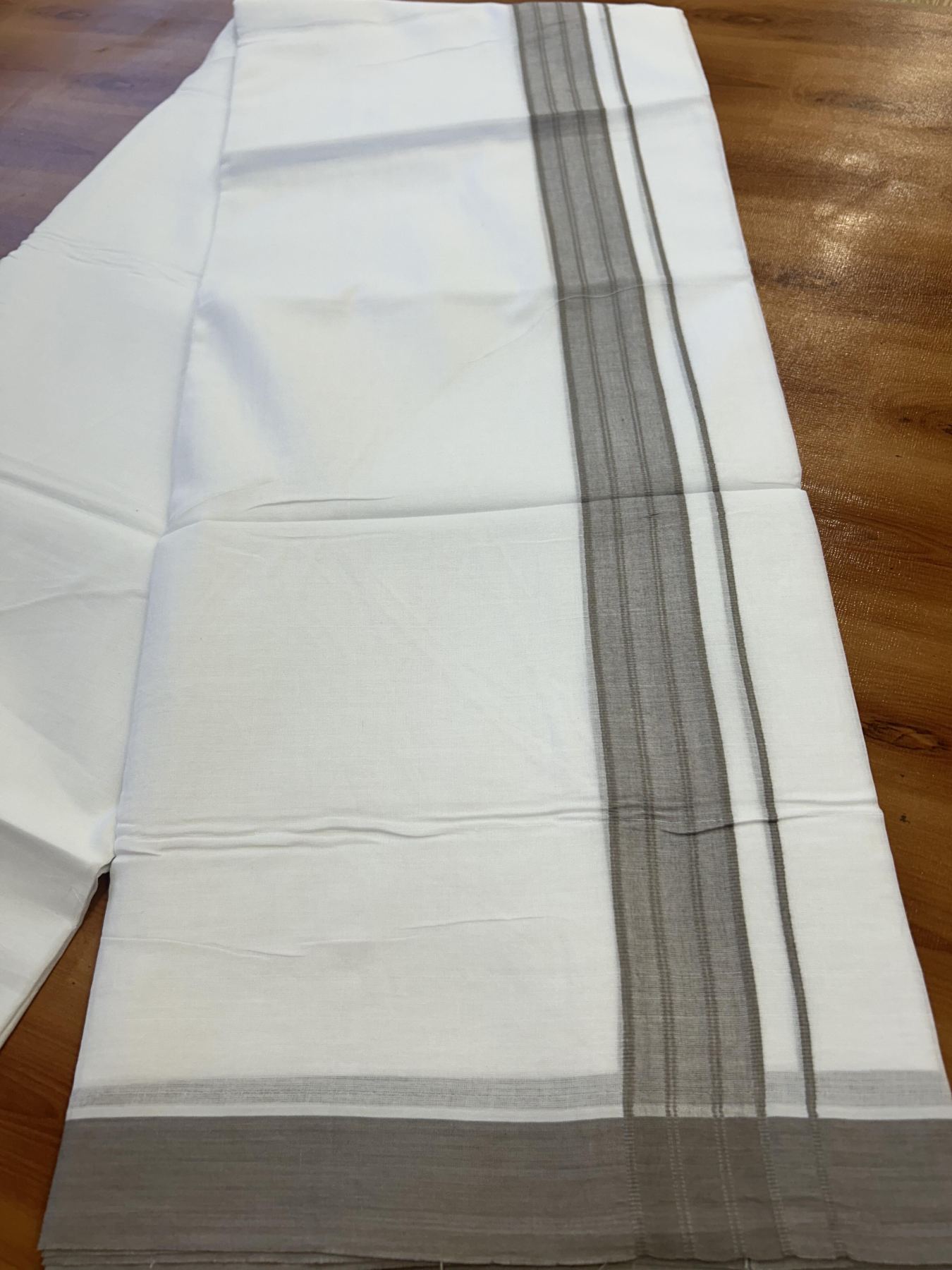 Double Pure white Mundu / Dhothi - 20% Discount ! KaithariKada Balaramapuram - 100% Pure Cotton 100x80 - 1.5 inch Greyish Brown Shaded Striped Kara 4.5 Meters (10 Muzham) - 25 KK5391 THI