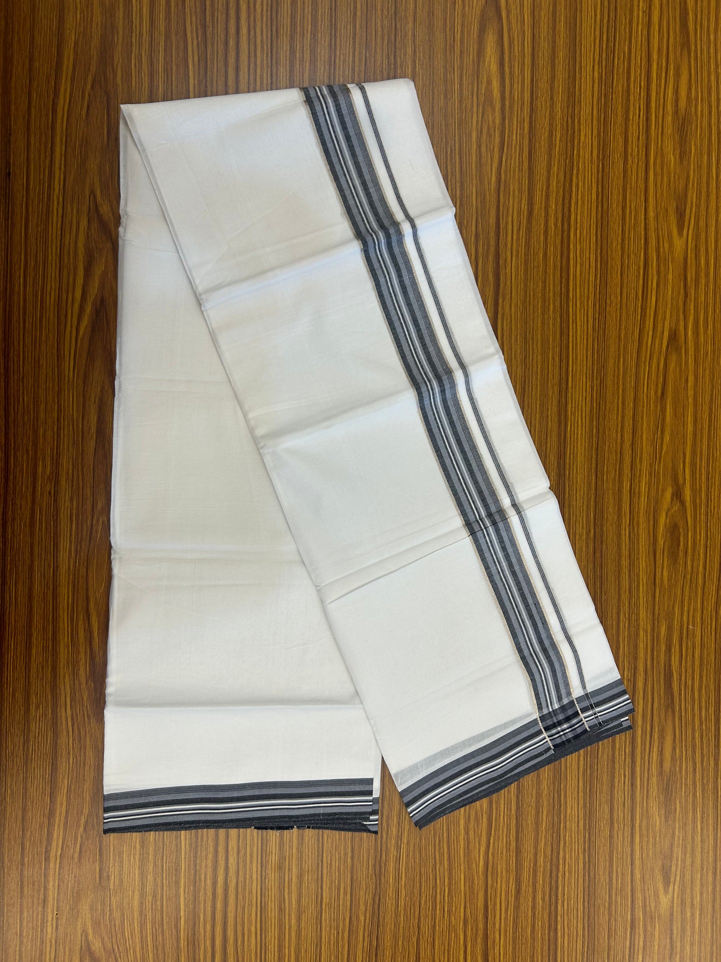 20% Discount ! Kaitharikada Balaramapuram 100% Cotton Pure White Double Mundu/Dothi - 100x80 - 1.5 inch Silver Kasav Ash Blue & Black Shaded Striped Kara 3.80 mtr (8 muzham) - 5 KK5359 THI