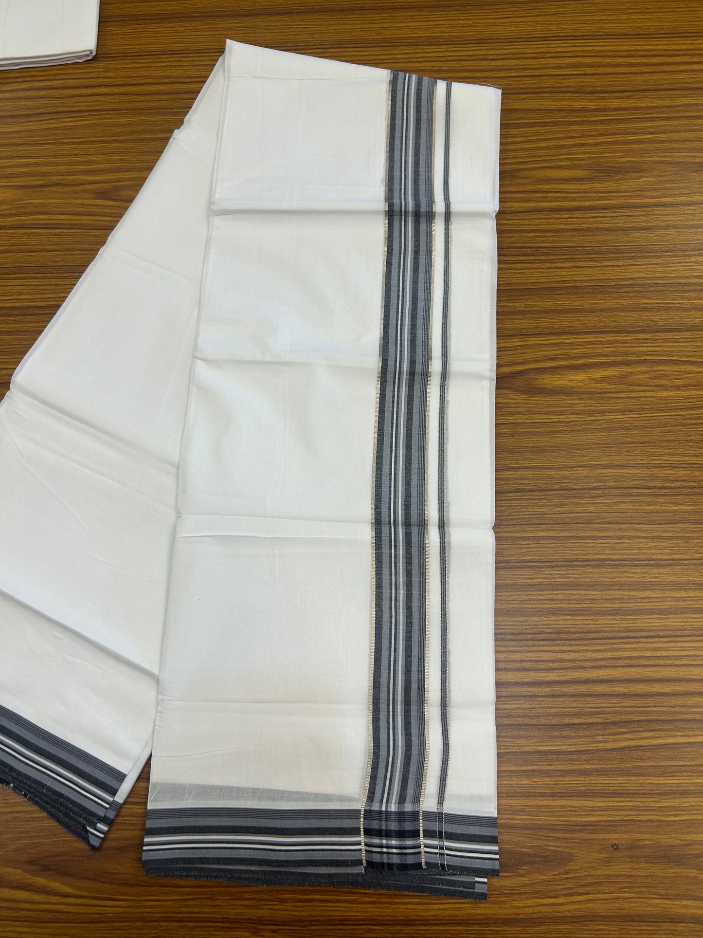 20% Discount ! Kaitharikada Balaramapuram 100% Cotton Pure White Double Mundu/Dothi - 100x80 - 1.5 inch Silver Kasav Ash Blue & Black Shaded Striped Kara 3.80 mtr (8 muzham) - 5 KK5359 THI