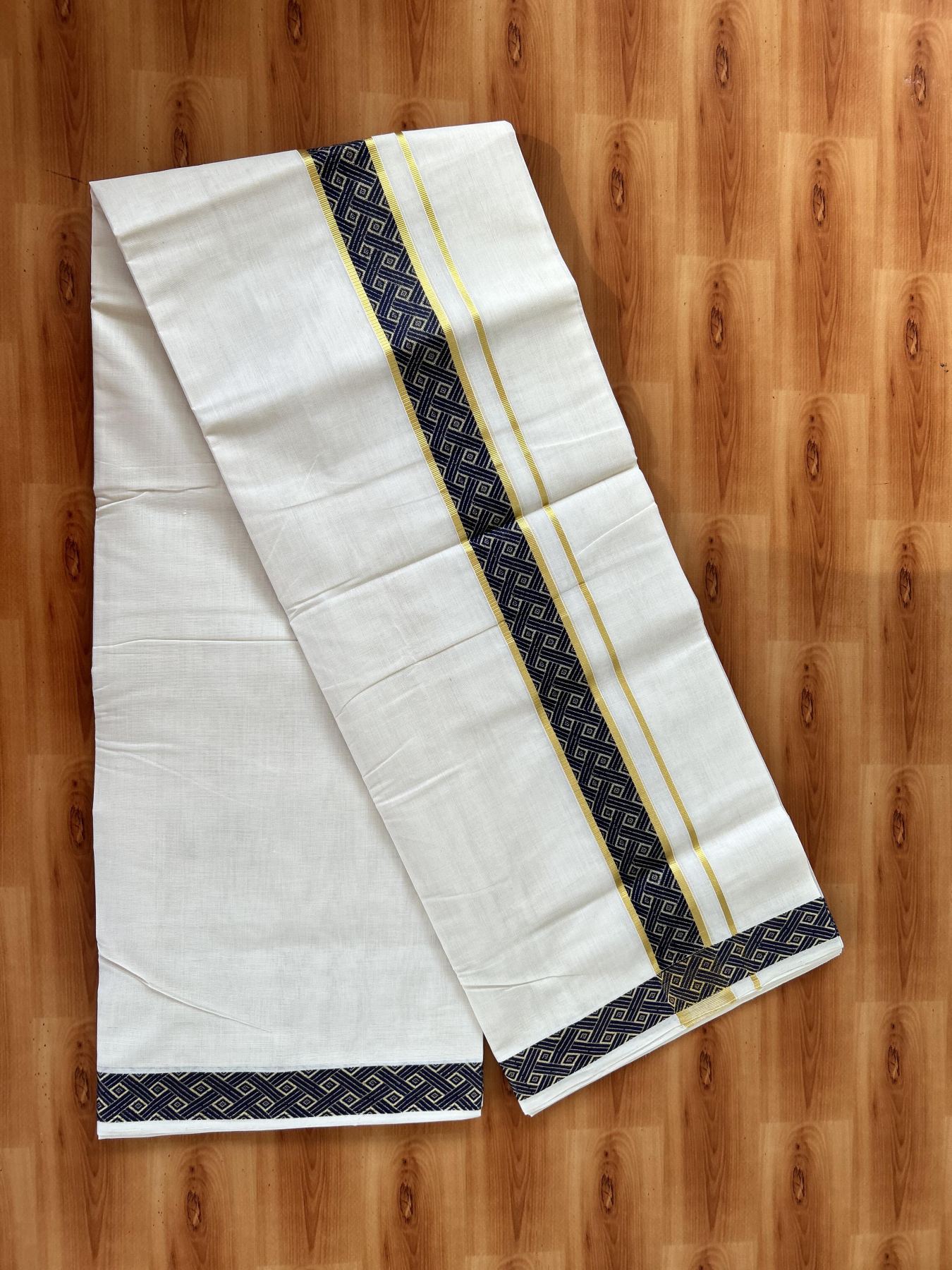 25% Discount ! Kaitharikada Handloom Unakkupaav - Kerala Handloom - 100% Pure Cotton Off White - (Unbleached) Double Mundu/Dhoti - 100x80 - 2 inch Gold Kasav & Navy Blue Jacquard Design Kara 4 mtr (8.5 Muzham) - 18 KK5441 ABH