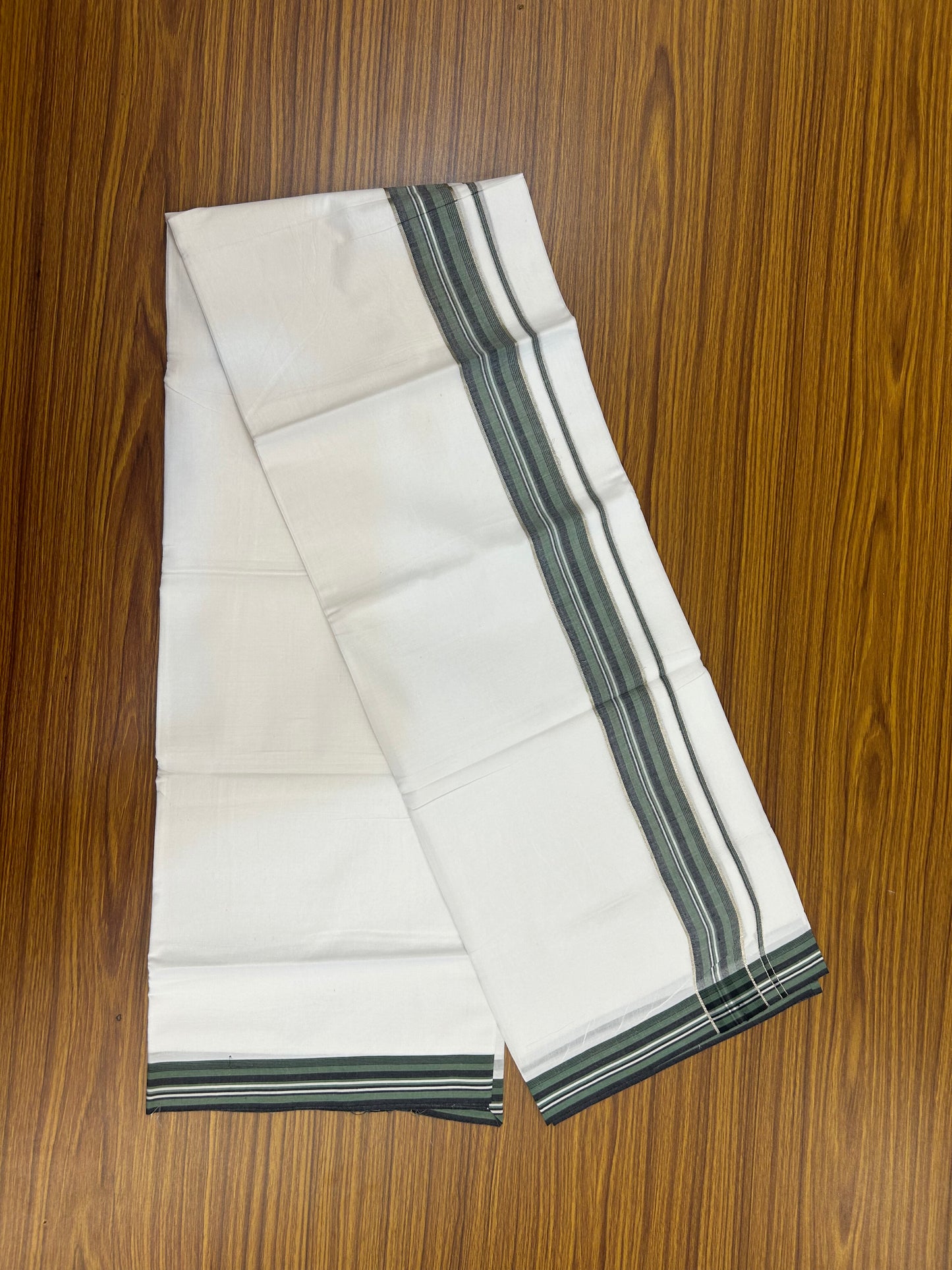 20% Discount ! Kaitharikada Balaramapuram 100% Cotton Pure White Double Mundu/Dothi - 100x80 - 1.5 inch Silver Kasav Green & Black Shaded Striped Kara 3.80 mtr (8 muzham) - 1 KK5359 THI