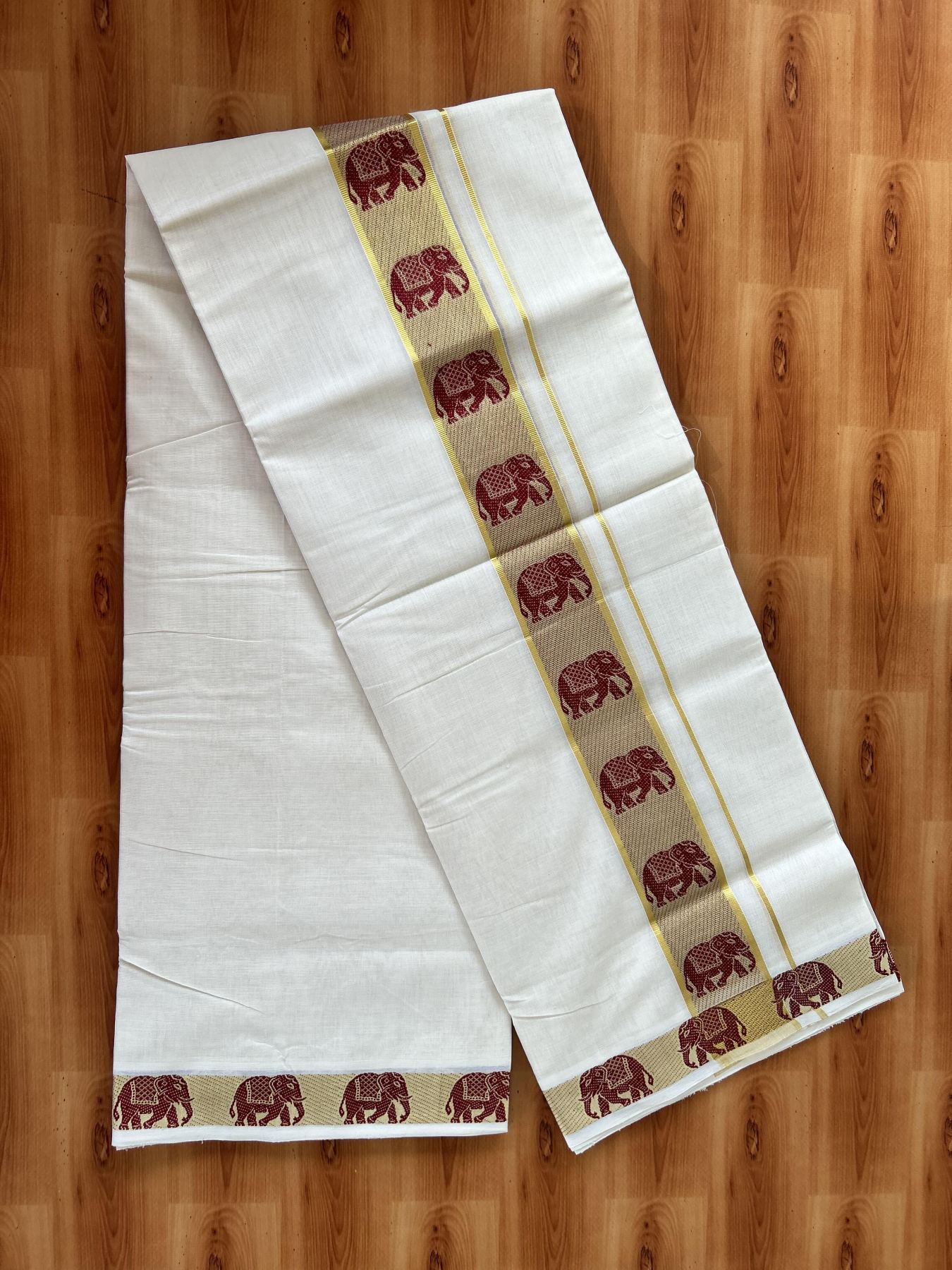 25% Discount ! Kaitharikada Handloom Unakkupaav - Kerala Handloom - 100% Pure Cotton Off White - (Unbleached) Double Mundu/Dhoti - 100x80 - 2.25 inch Gold Kasav & Maroon Elephant Jacquard Design Kara 4 mtr (8.5 Muzham) - 7 KK5441 ABH