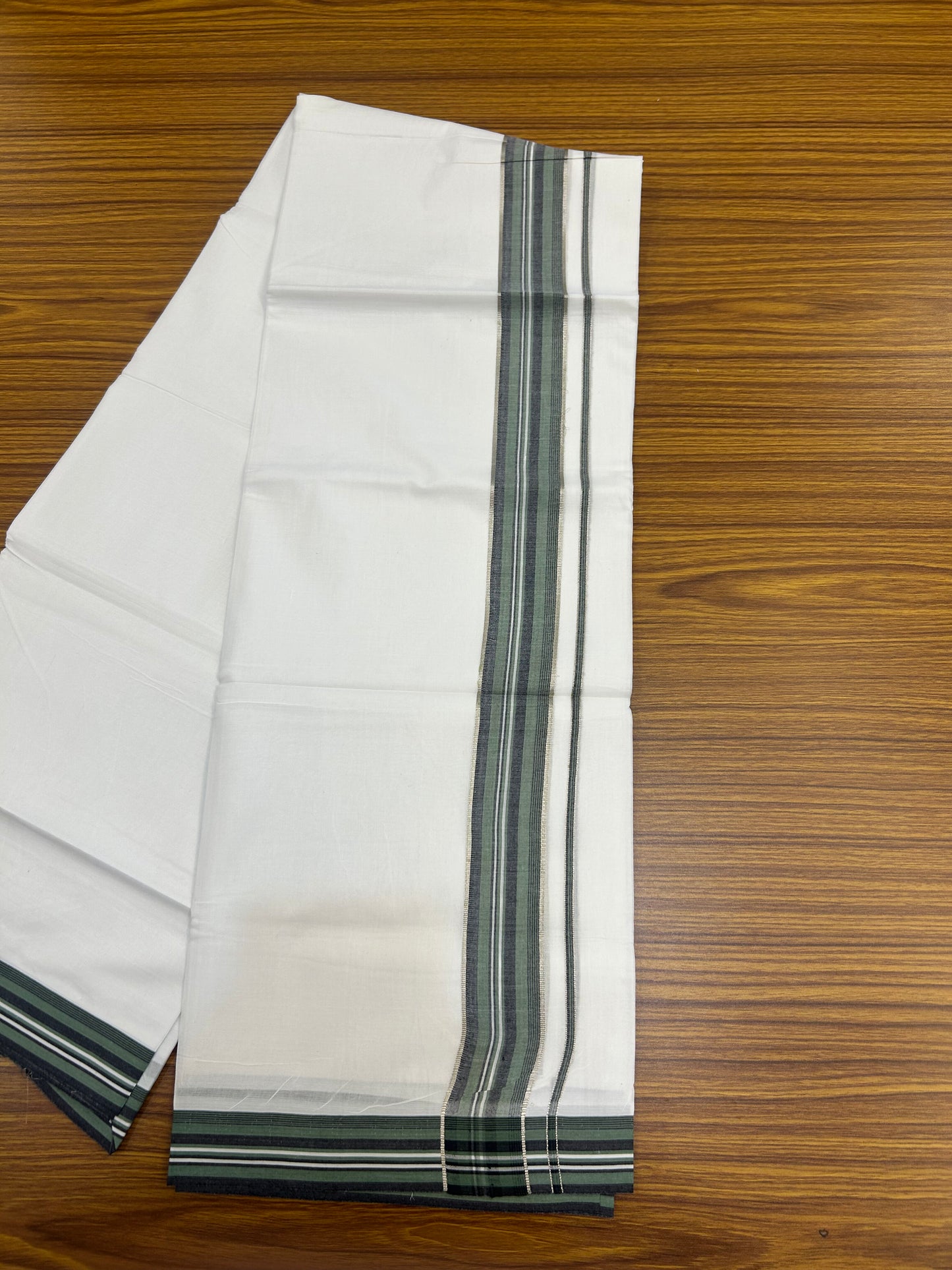20% Discount ! Kaitharikada Balaramapuram 100% Cotton Pure White Double Mundu/Dothi - 100x80 - 1.5 inch Silver Kasav Green & Black Shaded Striped Kara 3.80 mtr (8 muzham) - 1 KK5359 THI