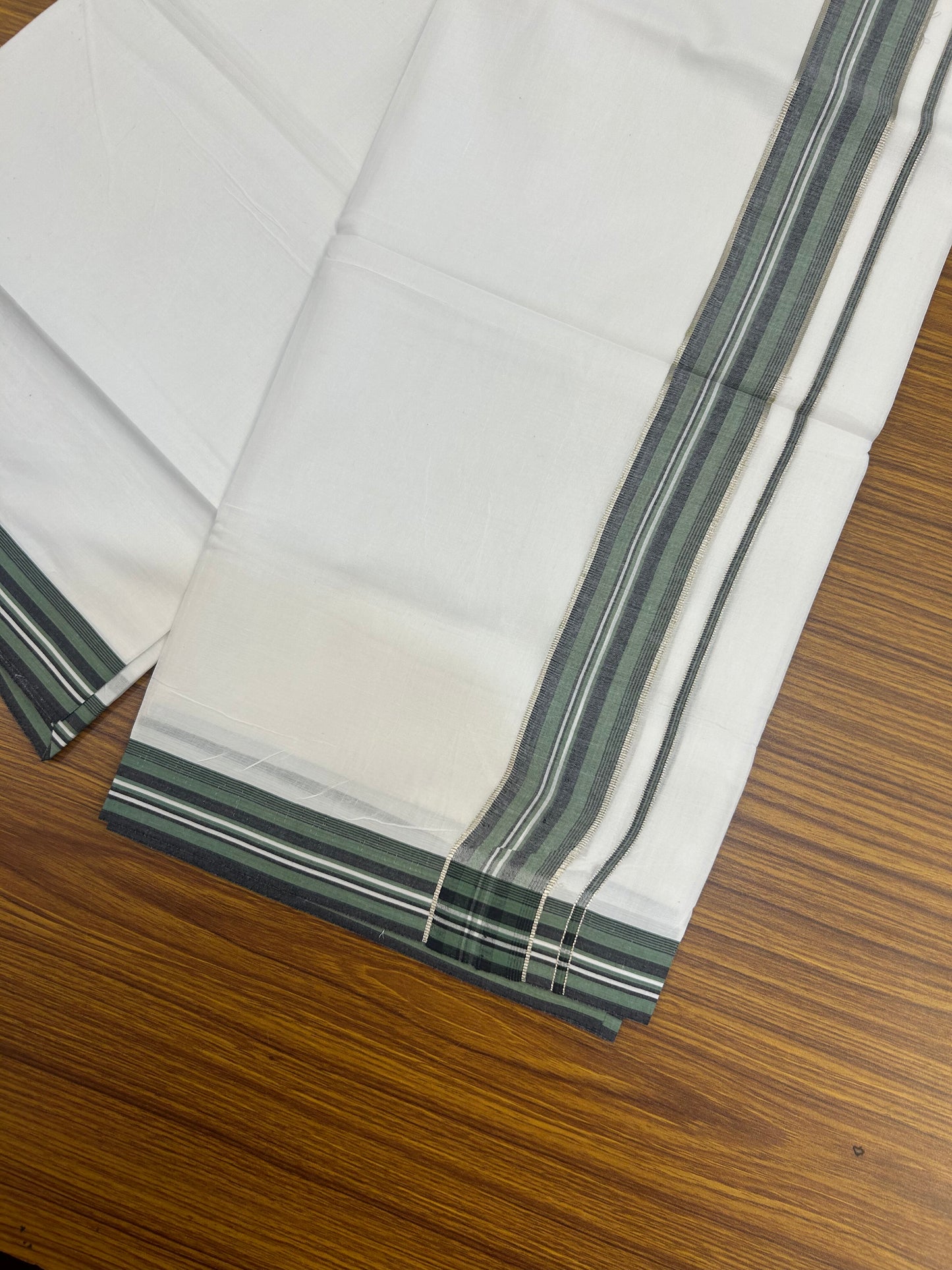 20% Discount ! Kaitharikada Balaramapuram 100% Cotton Pure White Double Mundu/Dothi - 100x80 - 1.5 inch Silver Kasav Green & Black Shaded Striped Kara 3.80 mtr (8 muzham) - 1 KK5359 THI