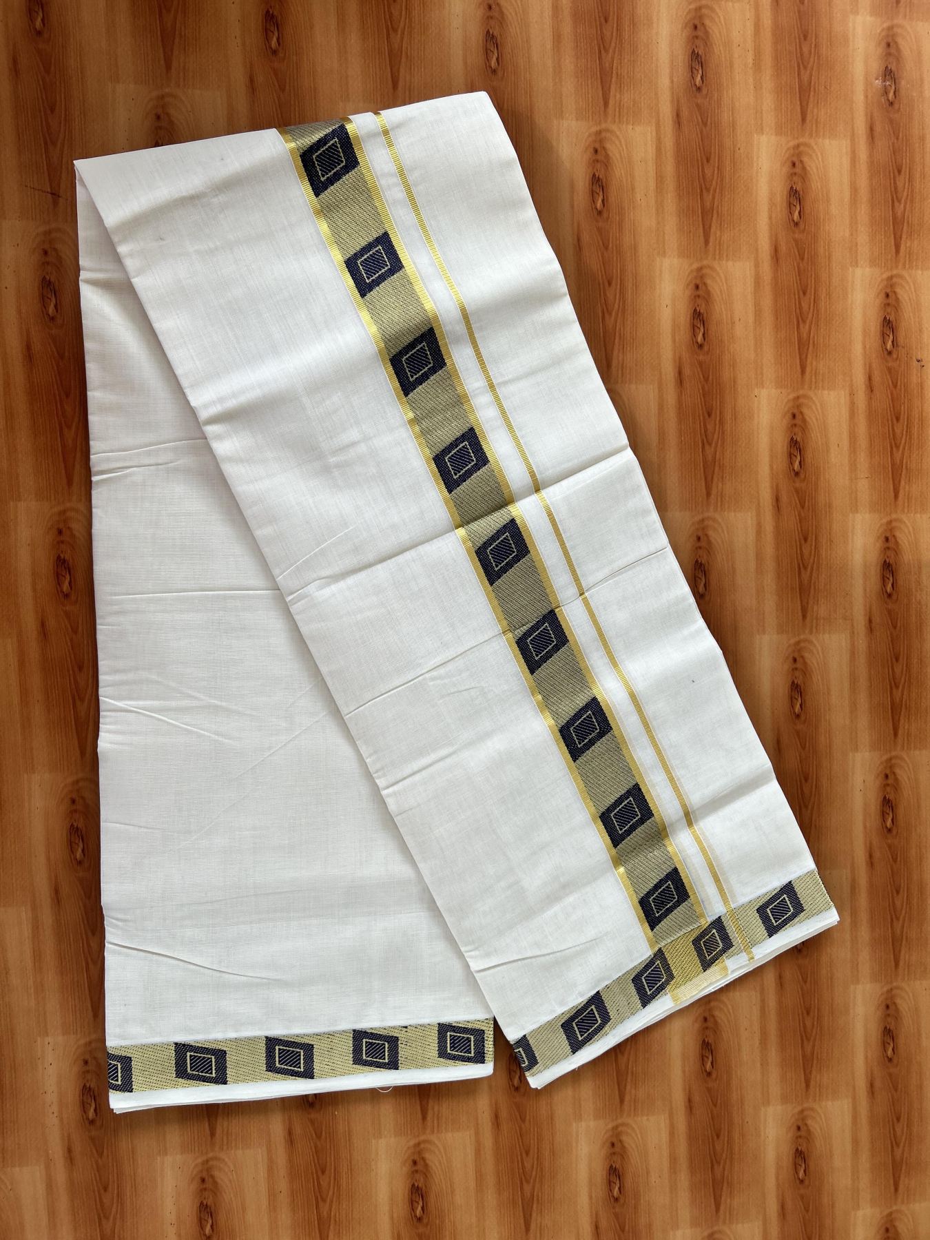 25% Discount ! Kaitharikada Handloom Unakkupaav - Kerala Handloom - 100% Pure Cotton Off White - (Unbleached) Double Mundu/Dhoti - 100x80 - 1.75 inch Gold Kasav & Navy Blue Jacquard Design Kara 4 mtr (8.5 Muzham) - 19 KK5441 ABH