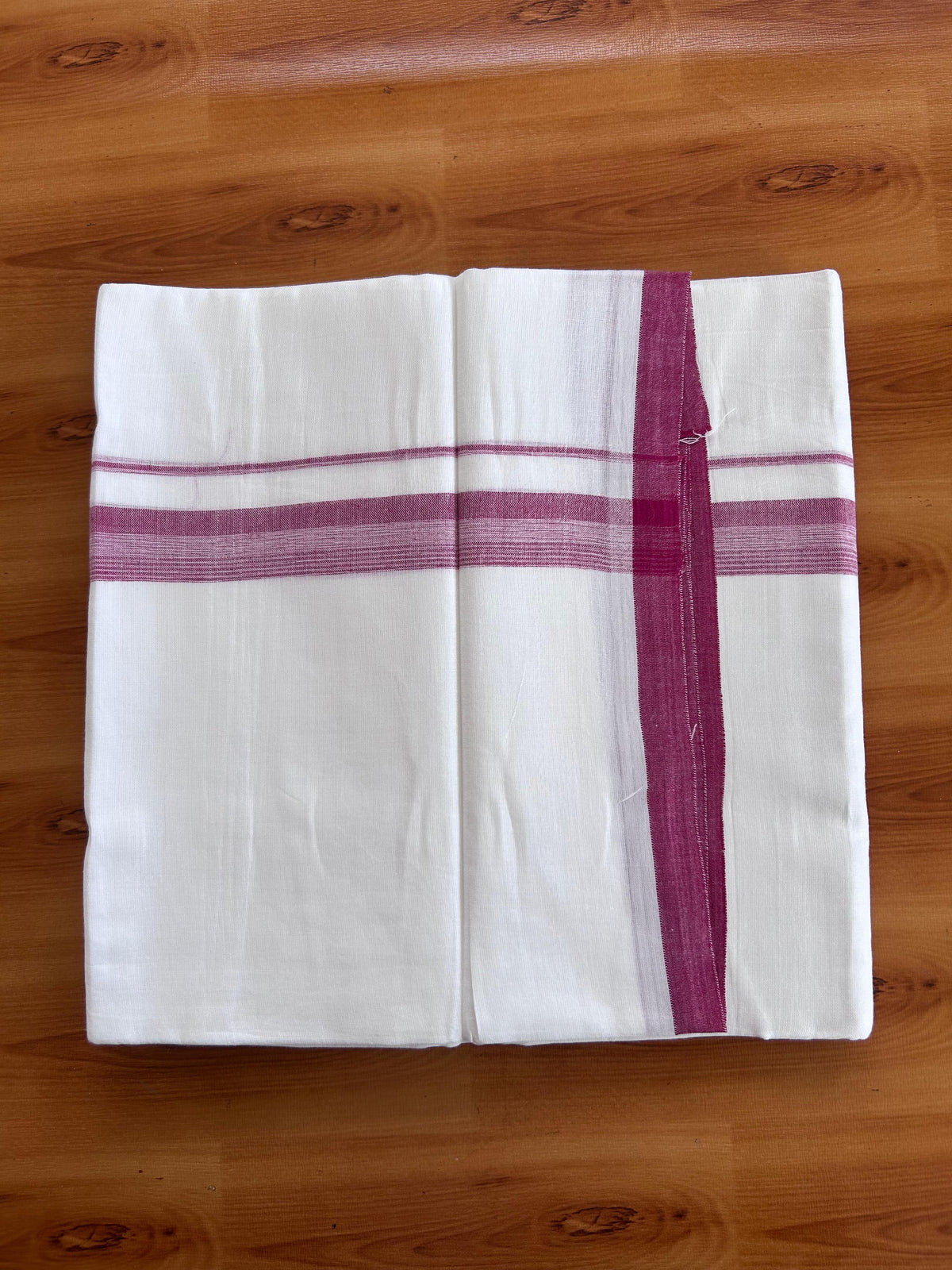 Double Pure White Mundu/Dhoti - 20% Discount !! KaithariKada 100% Cotton - (60S) - 1 inch Magenta Shaded Striped Kara 3.75 mtr (8 muzham) - 8 KK5506 CKS