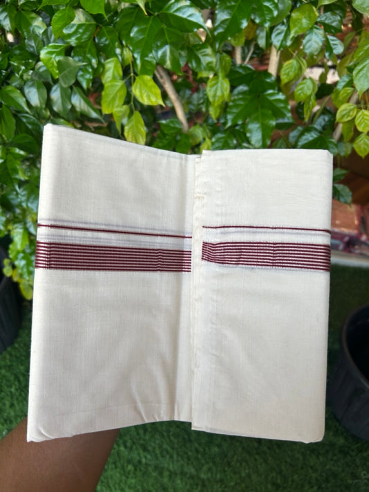 NEW !! 20% DISCOUNT!! KaithariKada Balaramapuram 100% Cotton Double Off white - (Unbleached) Mundu/Dhoti-100x80 - 0.75 inch Silver Kasavu & Maroon Striped KARA - 3.75 mtr (8 Muzham) - 42KK5218 ASH