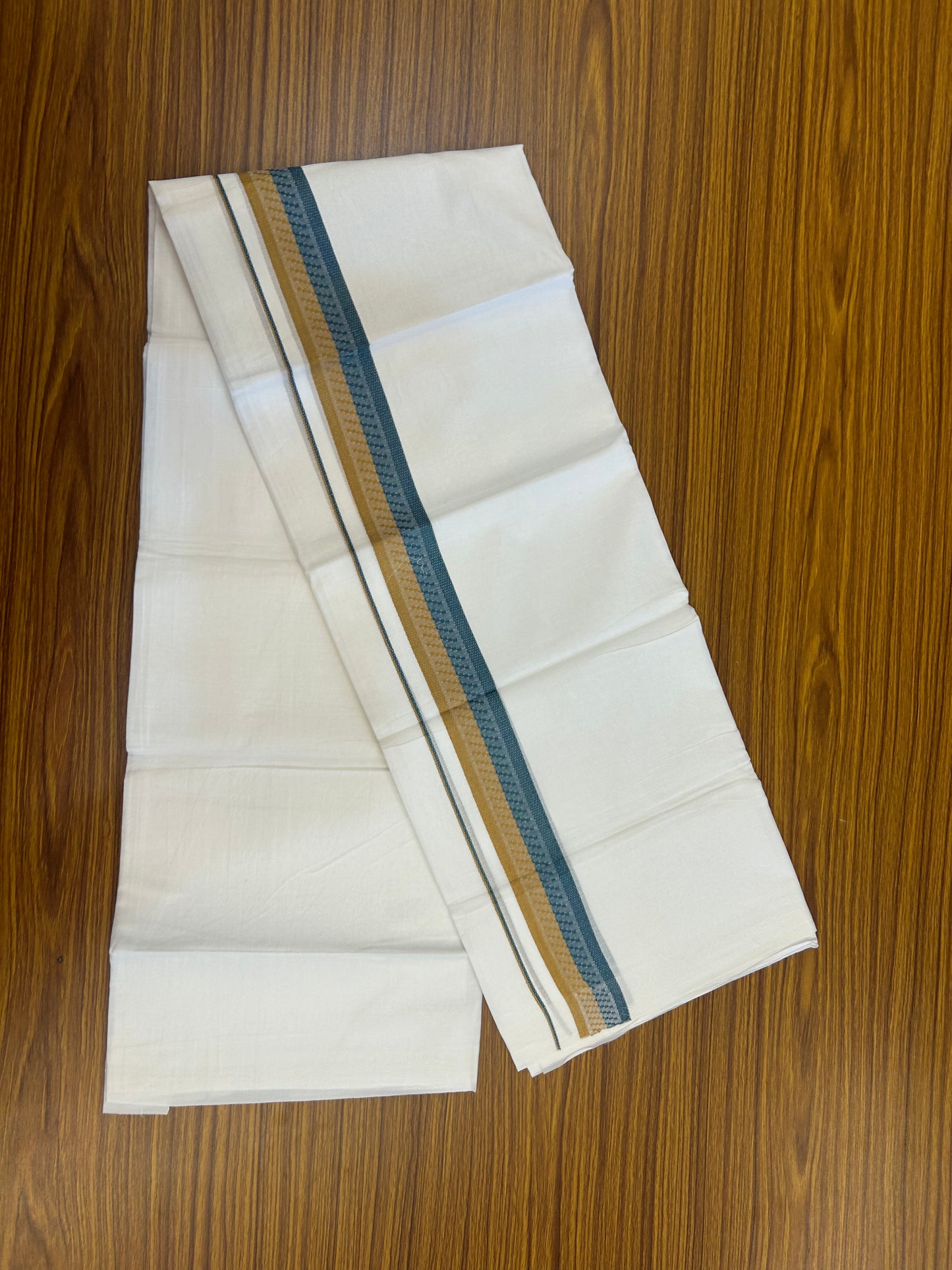 20% Discount ! Kaitharikada Balaramapuram 100% Cotton Pure White Double Mundu/Dothi - 100x80 - 1.5 inch Mustard Yellow & Peacock Green Design Kara 3.80 mtr (8 muzham) - 19 KK5359 THI