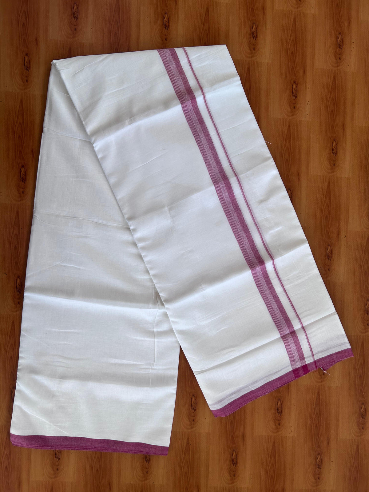 Double Pure White Mundu/Dhoti - 20% Discount !! KaithariKada 100% Cotton - (60S) - 1 inch Magenta Shaded Striped Kara 3.75 mtr (8 muzham) - 8 KK5506 CKS