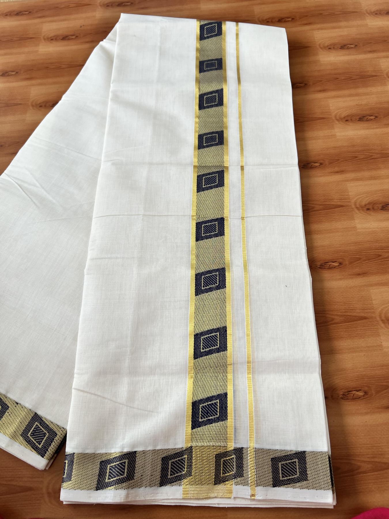 25% Discount ! Kaitharikada Handloom Unakkupaav - Kerala Handloom - 100% Pure Cotton Off White - (Unbleached) Double Mundu/Dhoti - 100x80 - 1.75 inch Gold Kasav & Navy Blue Jacquard Design Kara 4 mtr (8.5 Muzham) - 19 KK5441 ABH