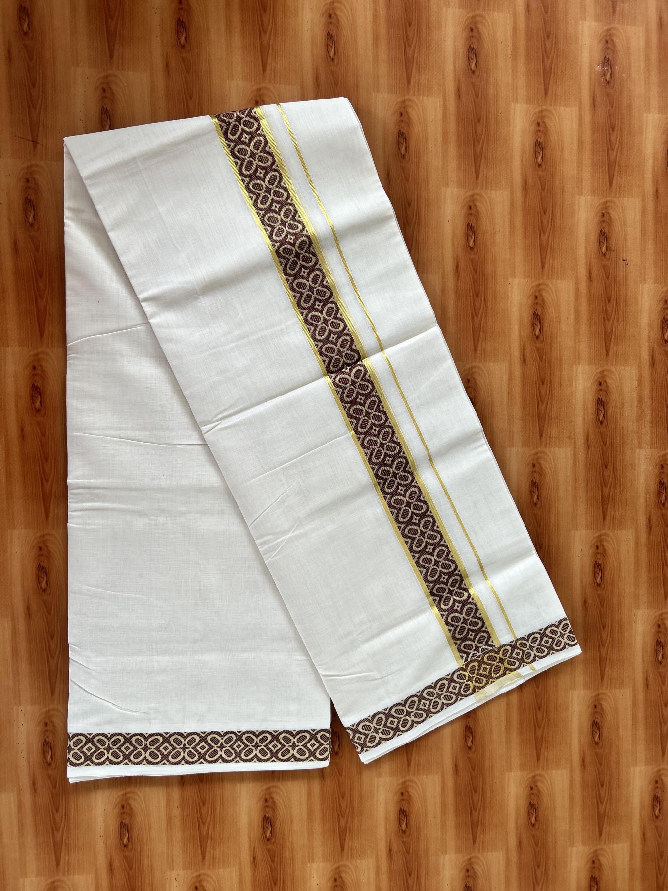 25% Discount ! Kaitharikada Handloom Unakkupaav - Kerala Handloom - 100% Pure Cotton Off White - (Unbleached) Double Mundu/Dhoti - 100x80 - 1.75 inch Gold Kasav & Brown Jacquard Design Kara 4 mtr (8.5 Muzham) - 13 KK5441 ABH