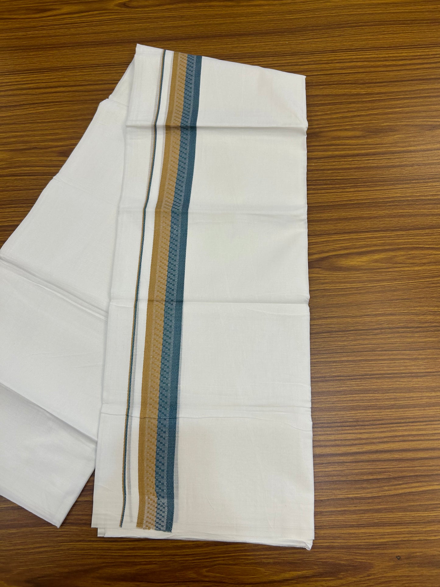 20% Discount ! Kaitharikada Balaramapuram 100% Cotton Pure White Double Mundu/Dothi - 100x80 - 1.5 inch Mustard Yellow & Peacock Green Design Kara 3.80 mtr (8 muzham) - 19 KK5359 THI