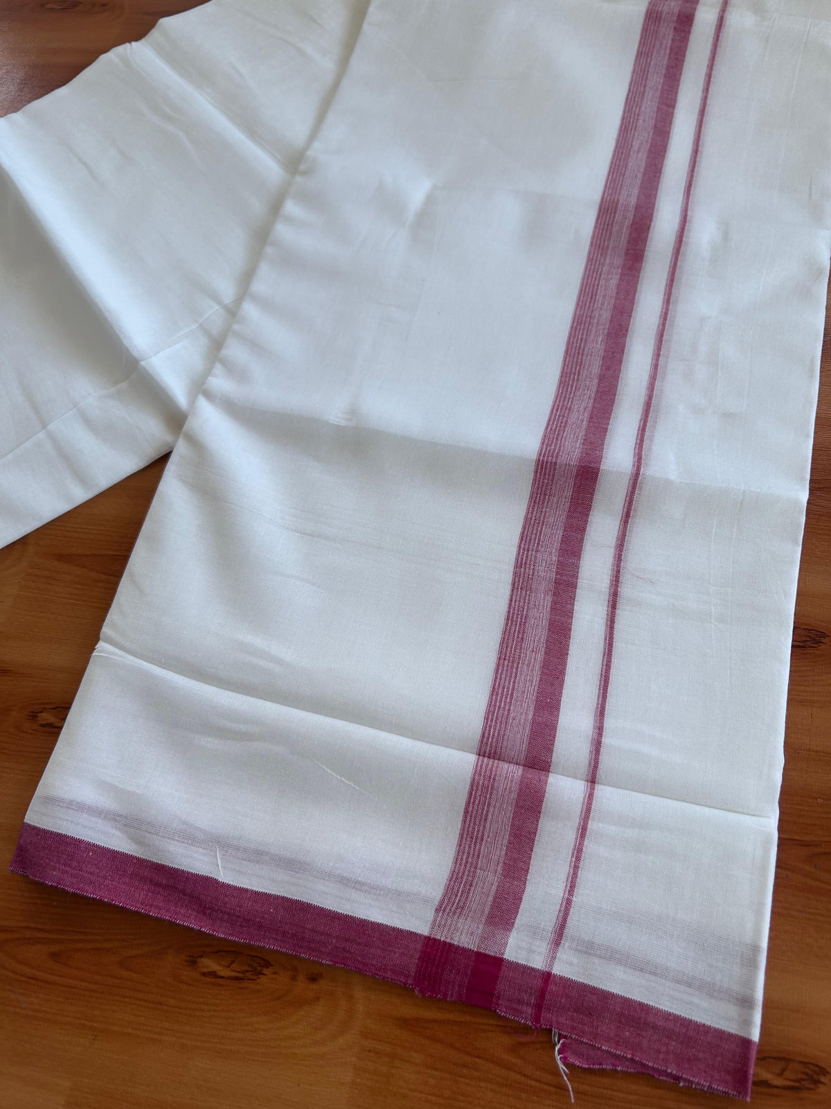 Double Pure White Mundu/Dhoti - 20% Discount !! KaithariKada 100% Cotton - (60S) - 1 inch Magenta Shaded Striped Kara 3.75 mtr (8 muzham) - 8 KK5506 CKS