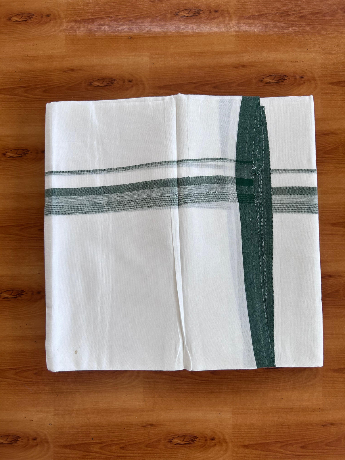 Double Pure White Mundu/Dhoti - 20% Discount !! KaithariKada 100% Cotton - (60S) - 1 inch Dark Green Shaded Striped Kara 3.75 mtr (8 muzham) - 9 KK5506 CKS