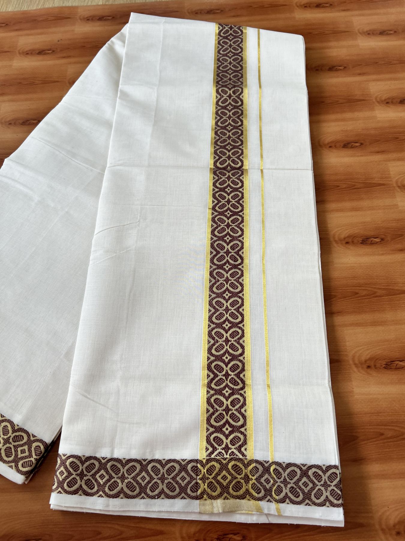 25% Discount ! Kaitharikada Handloom Unakkupaav - Kerala Handloom - 100% Pure Cotton Off White - (Unbleached) Double Mundu/Dhoti - 100x80 - 1.75 inch Gold Kasav & Brown Jacquard Design Kara 4 mtr (8.5 Muzham) - 13 KK5441 ABH