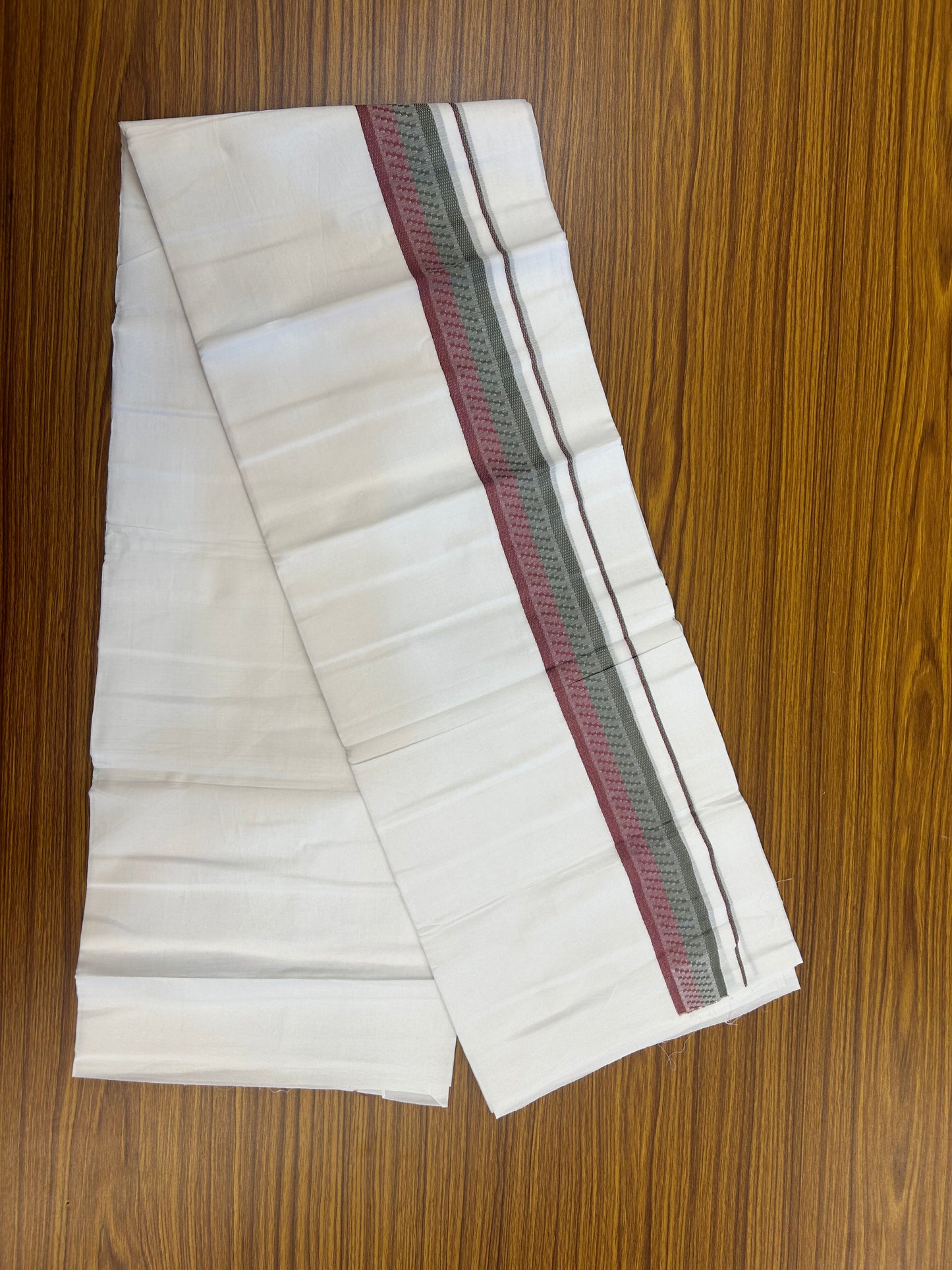 20% Discount ! Kaitharikada Balaramapuram 100% Cotton Pure White Double Mundu/Dothi - 100x80 - 1.5 inch Light Maroon & Olive Green Kara 3.80 mtr (8 muzham) - 36 KK5359 THI