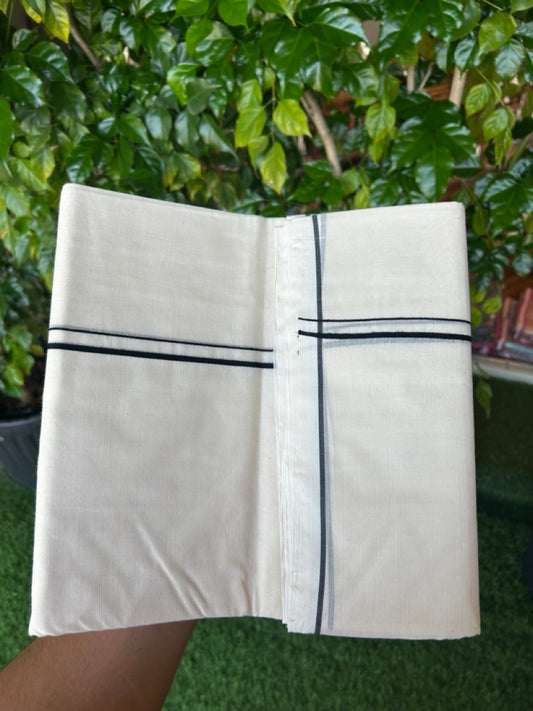 20% DISCOUNT! KaithariKada Balaramapuram 100% Cotton Double Off white - (Unbleached) - Mundu/Dhoti-100x100 - 0.3 cm  Black Thin Kara - 40K5218ASH