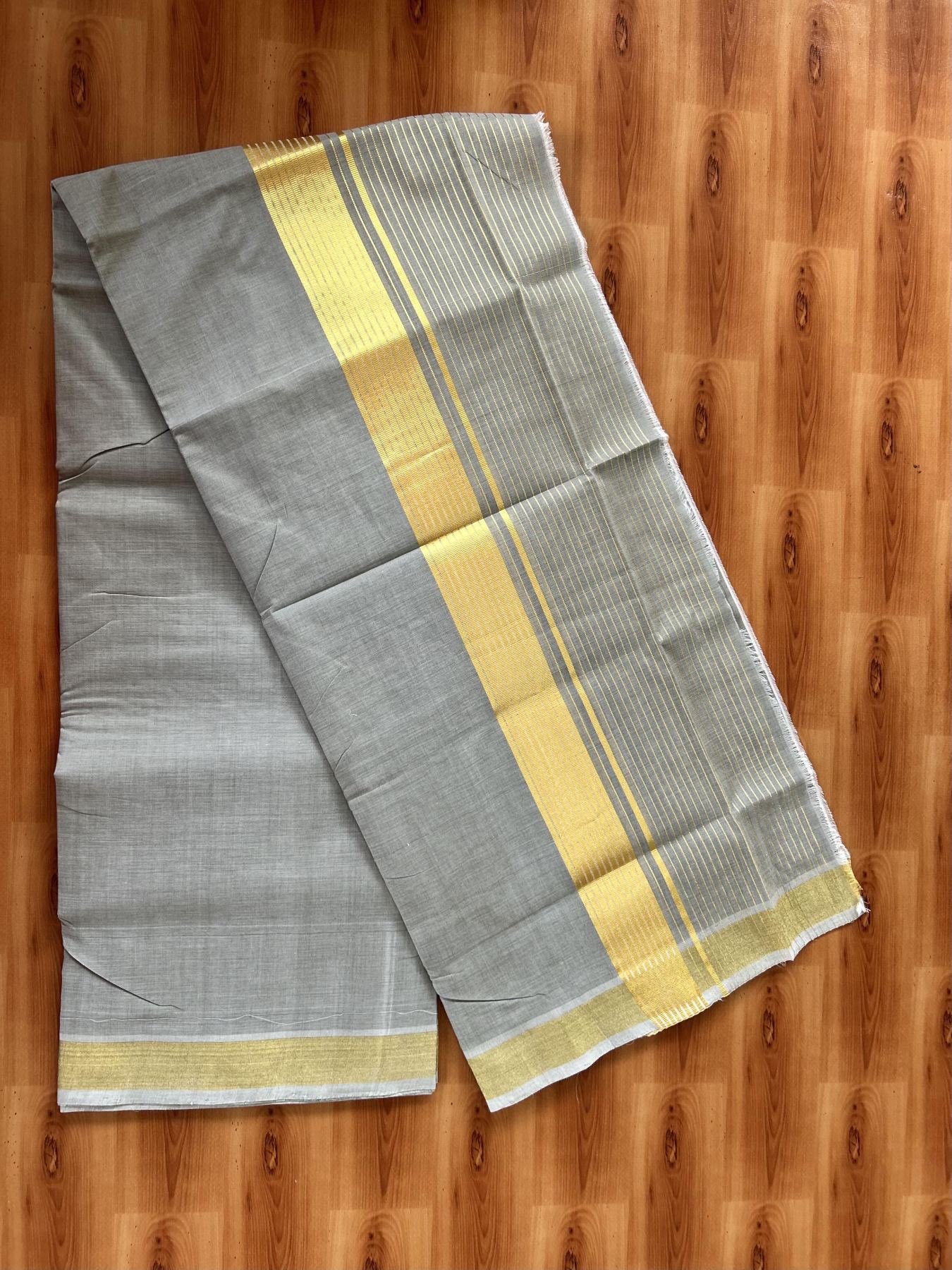 Double Mundu/Dhoti - KaithariKada Handloom Unakkupaav - 25% Discount! Kerala Handloom - Pure Cotton - 100x80 - Grey Colour Body - 7.5 inch Gold Kasav Striped Kara - 4 KK5441 ABH