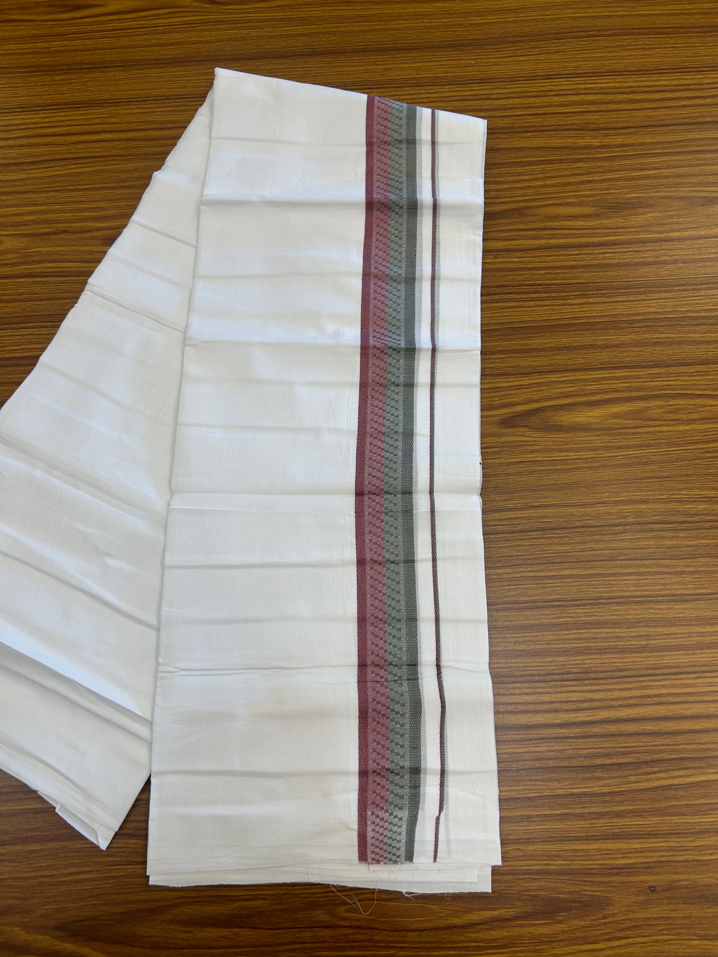 20% Discount ! Kaitharikada Balaramapuram 100% Cotton Pure White Double Mundu/Dothi - 100x80 - 1.5 inch Light Maroon & Olive Green Kara 3.80 mtr (8 muzham) - 36 KK5359 THI