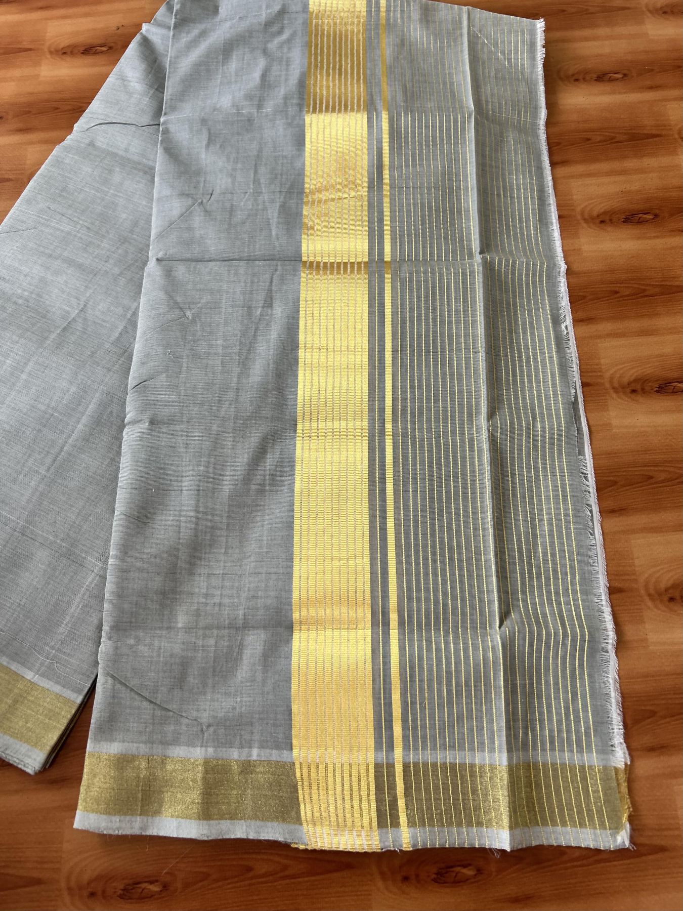 Double Mundu/Dhoti - KaithariKada Handloom Unakkupaav - 25% Discount! Kerala Handloom - Pure Cotton - 100x80 - Grey Colour Body - 7.5 inch Gold Kasav Striped Kara - 4 KK5441 ABH