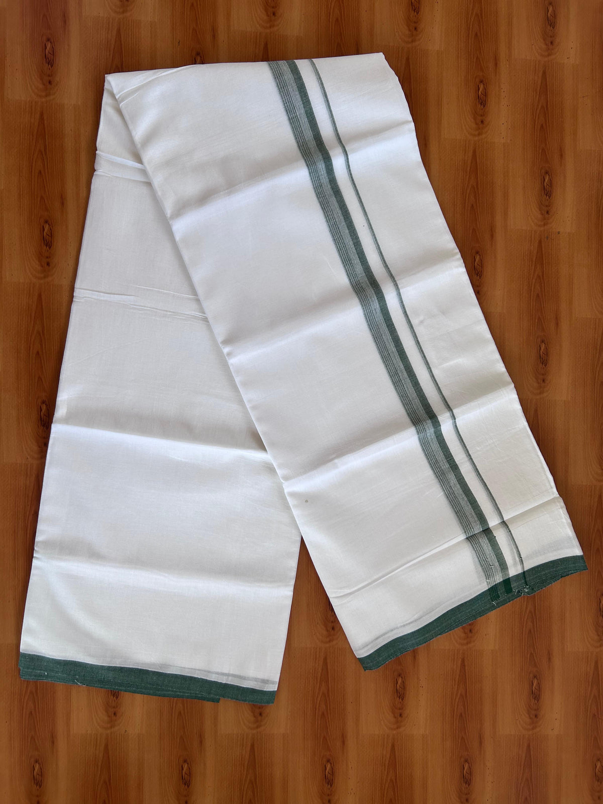 Double Pure White Mundu/Dhoti - 20% Discount !! KaithariKada 100% Cotton - (60S) - 1 inch Dark Green Shaded Striped Kara 3.75 mtr (8 muzham) - 9 KK5506 CKS