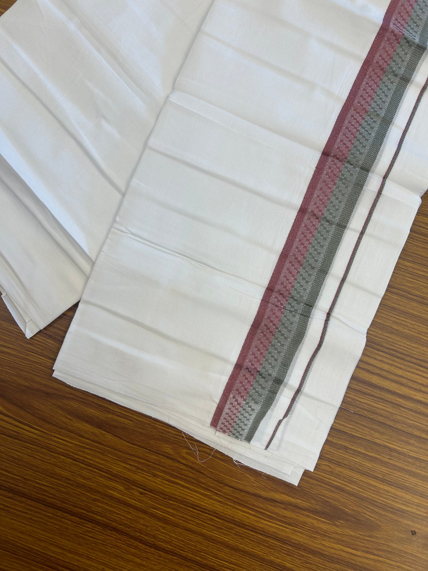 20% Discount ! Kaitharikada Balaramapuram 100% Cotton Pure White Double Mundu/Dothi - 100x80 - 1.5 inch Light Maroon & Olive Green Kara 3.80 mtr (8 muzham) - 36 KK5359 THI