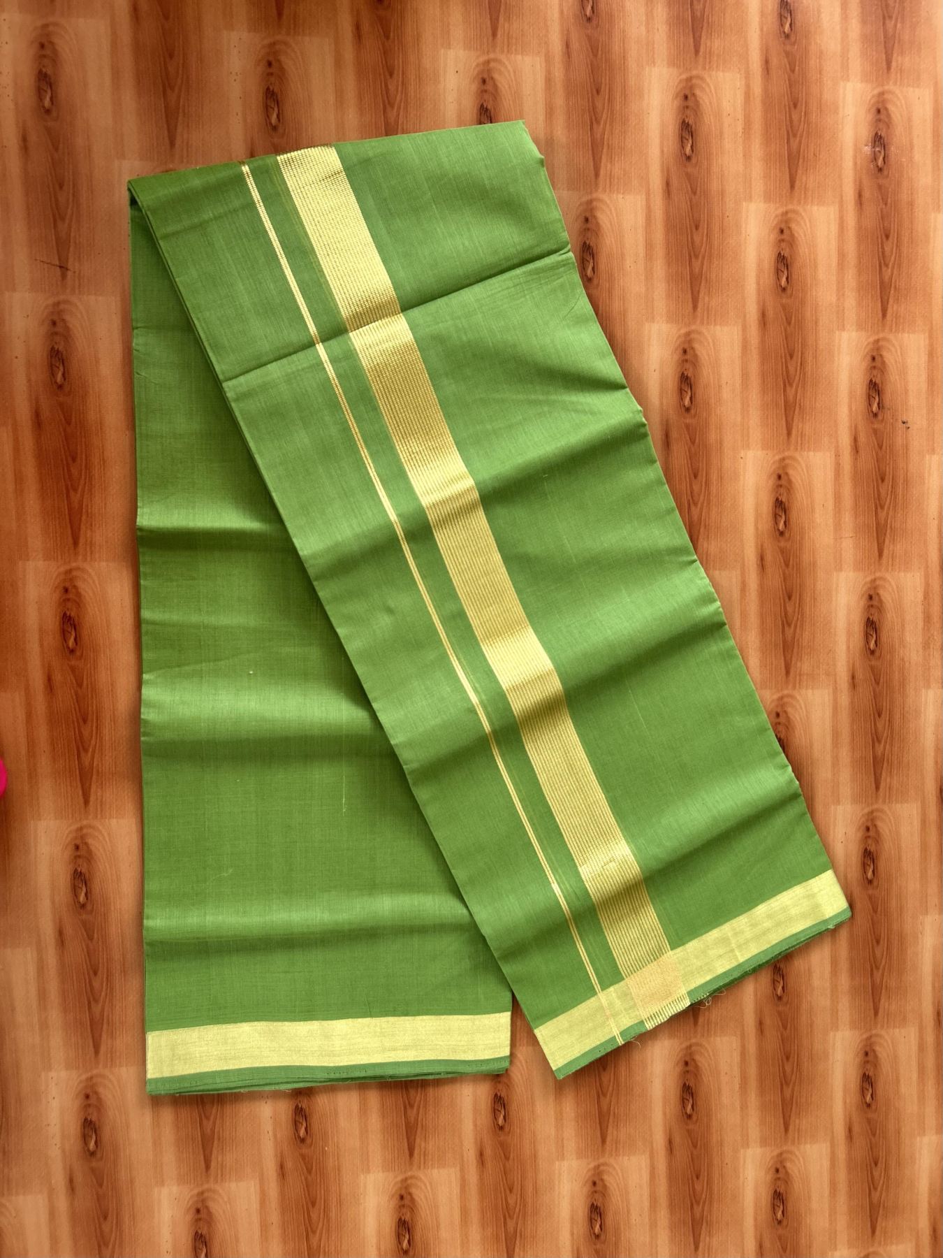Double Mundu/Dhoti - KaithariKada Handloom Unakkupaav - 25% Discount! Kerala Handloom - Pure Cotton - 100x80 - Parrot Green Colour Body - 1.5 inch Gold Kasav Striped Kara - 3 KK5441 ABH