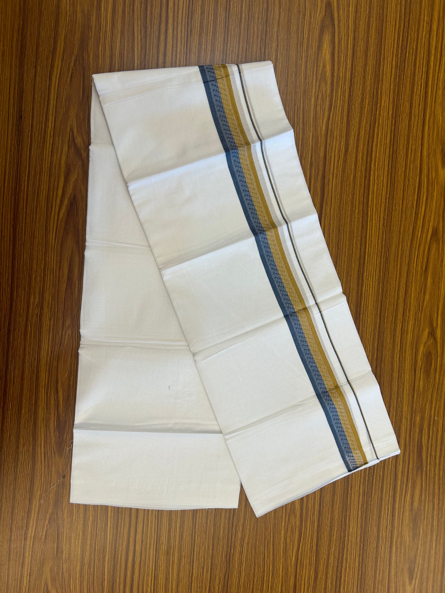 20% Discount ! Kaitharikada Balaramapuram 100% Cotton Pure White Double Mundu/Dothi - 100x80 - 1.5 inch Mustard Yellow & Dark Blue Design Kara 3.80 mtr (8 muzham) - 29 KK5359 THI