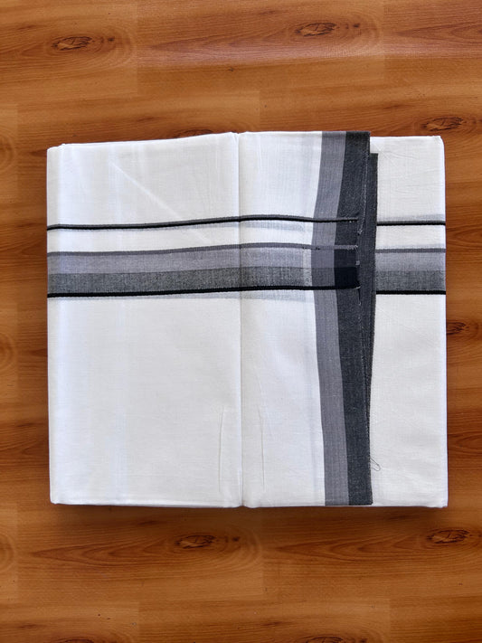 Double Pure White Mundu/Dhoti - 20% Discount !! KaithariKada 100% Cotton - (60S) - 1.25 inch Dusty Lavender & Black Shaded Kara 3.75 mtr (8 muzham) - 1 KK5506 CKS