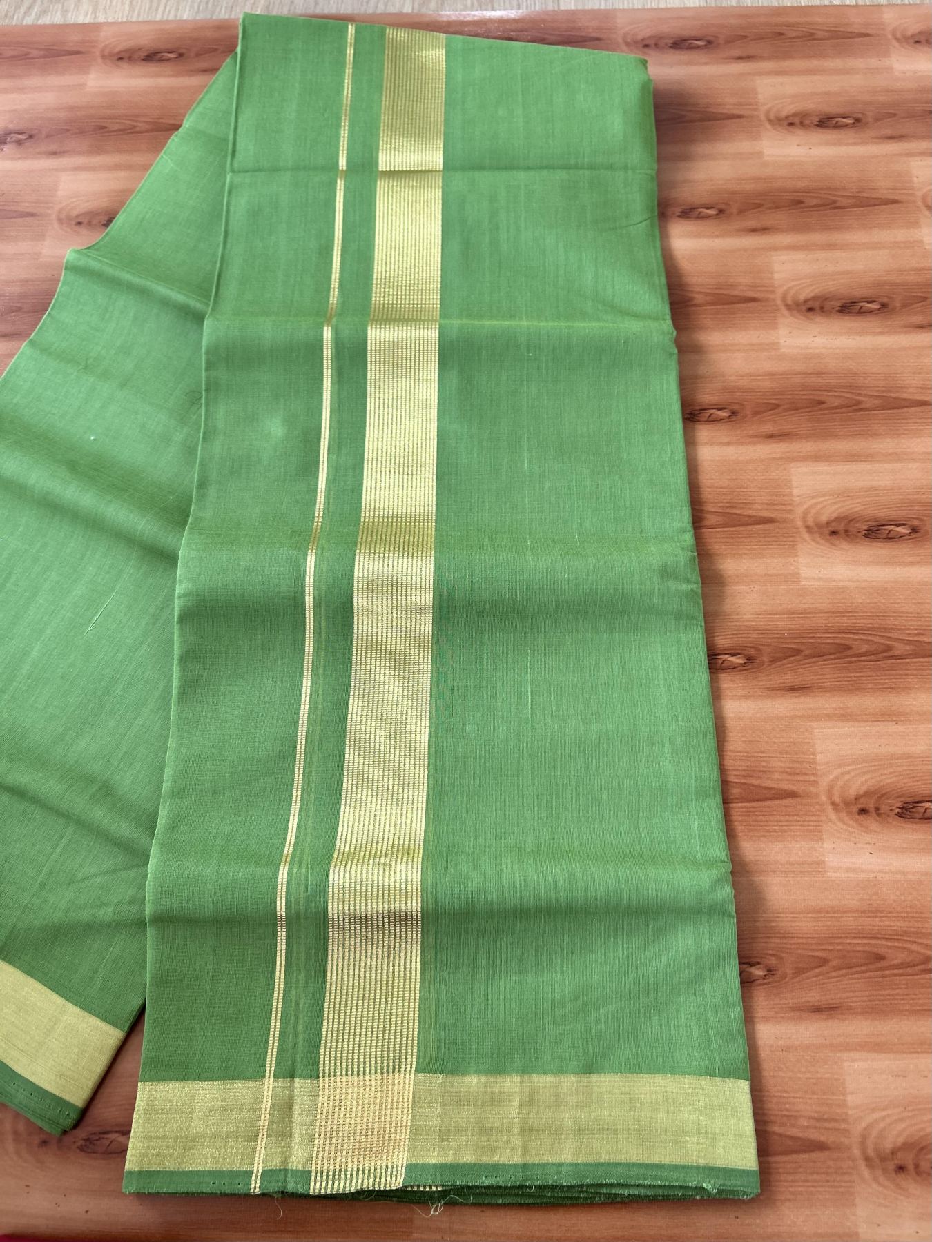 Double Mundu/Dhoti - KaithariKada Handloom Unakkupaav - 25% Discount! Kerala Handloom - Pure Cotton - 100x80 - Parrot Green Colour Body - 1.5 inch Gold Kasav Striped Kara - 3 KK5441 ABH