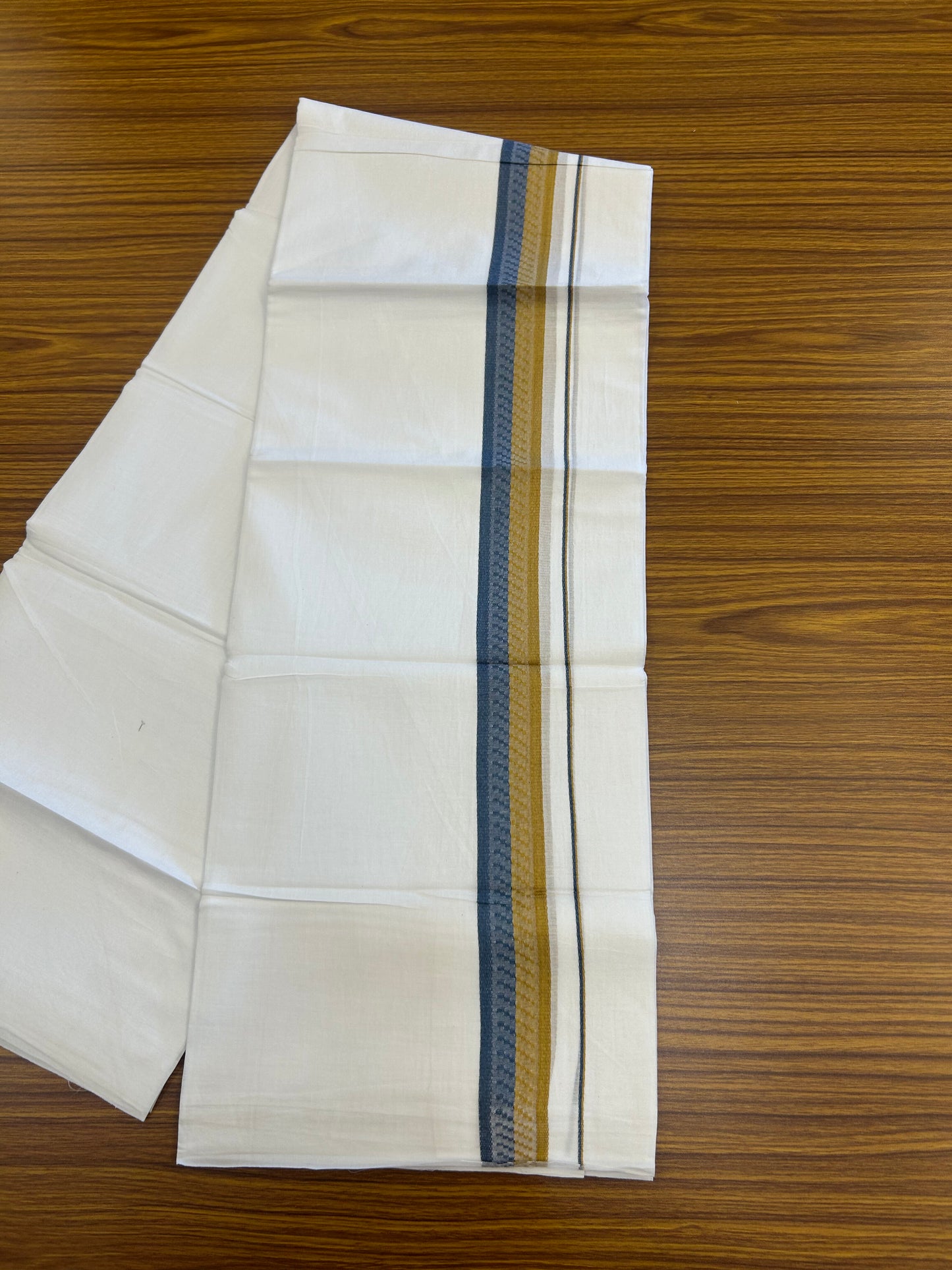 20% Discount ! Kaitharikada Balaramapuram 100% Cotton Pure White Double Mundu/Dothi - 100x80 - 1.5 inch Mustard Yellow & Dark Blue Design Kara 3.80 mtr (8 muzham) - 29 KK5359 THI